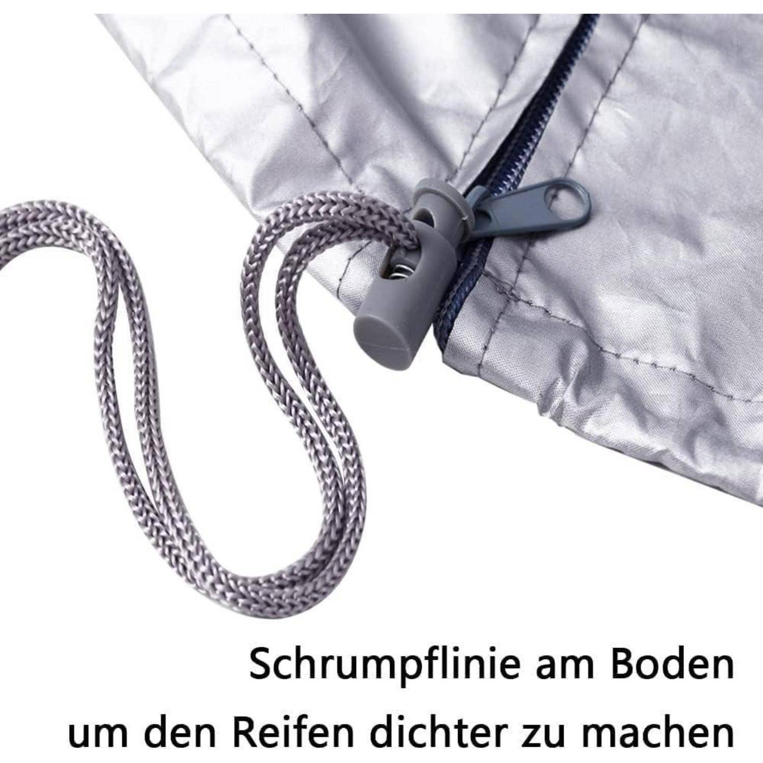 Nahaufnahme eines Kordelzugbündchens mit einer Kordelstopper, die den Boden eines Kleidungsstücks verengt; deutscher Text lautet „Schrumpflinie am Boden um den Reifen dichter zu machen".