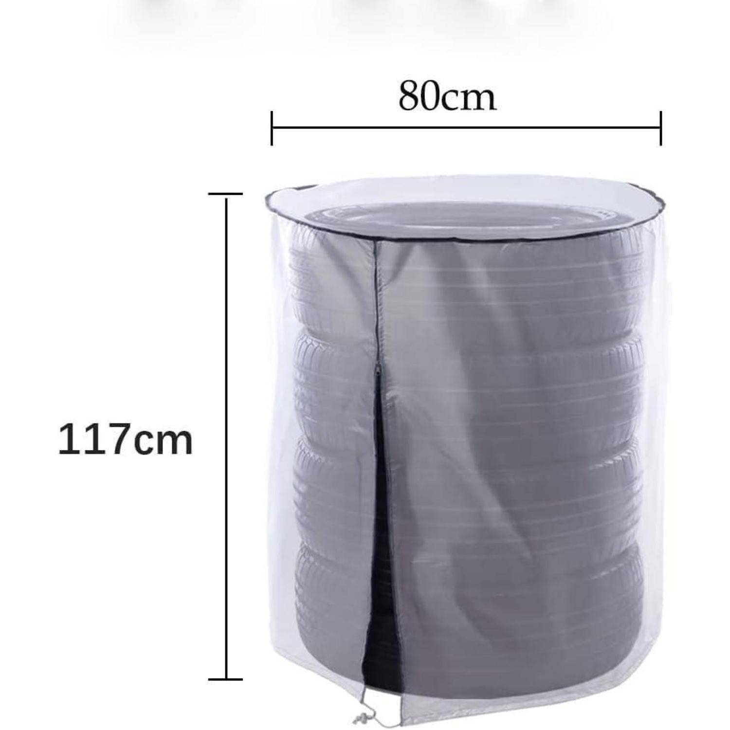 Transparente zylindrische Schutzhülle, 117 cm hoch und 80 cm breit, mit angebrachter Öffnungsklappe an der Vorderseite.