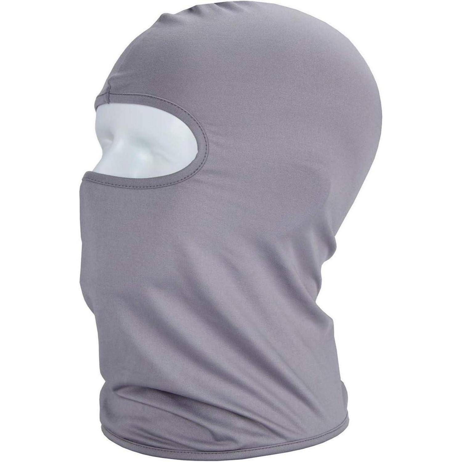 Graue Sturmhaube/Skimaske, die Kopf und Nacken bedeckt, mit Öffnungen für die Augen und die Nase.