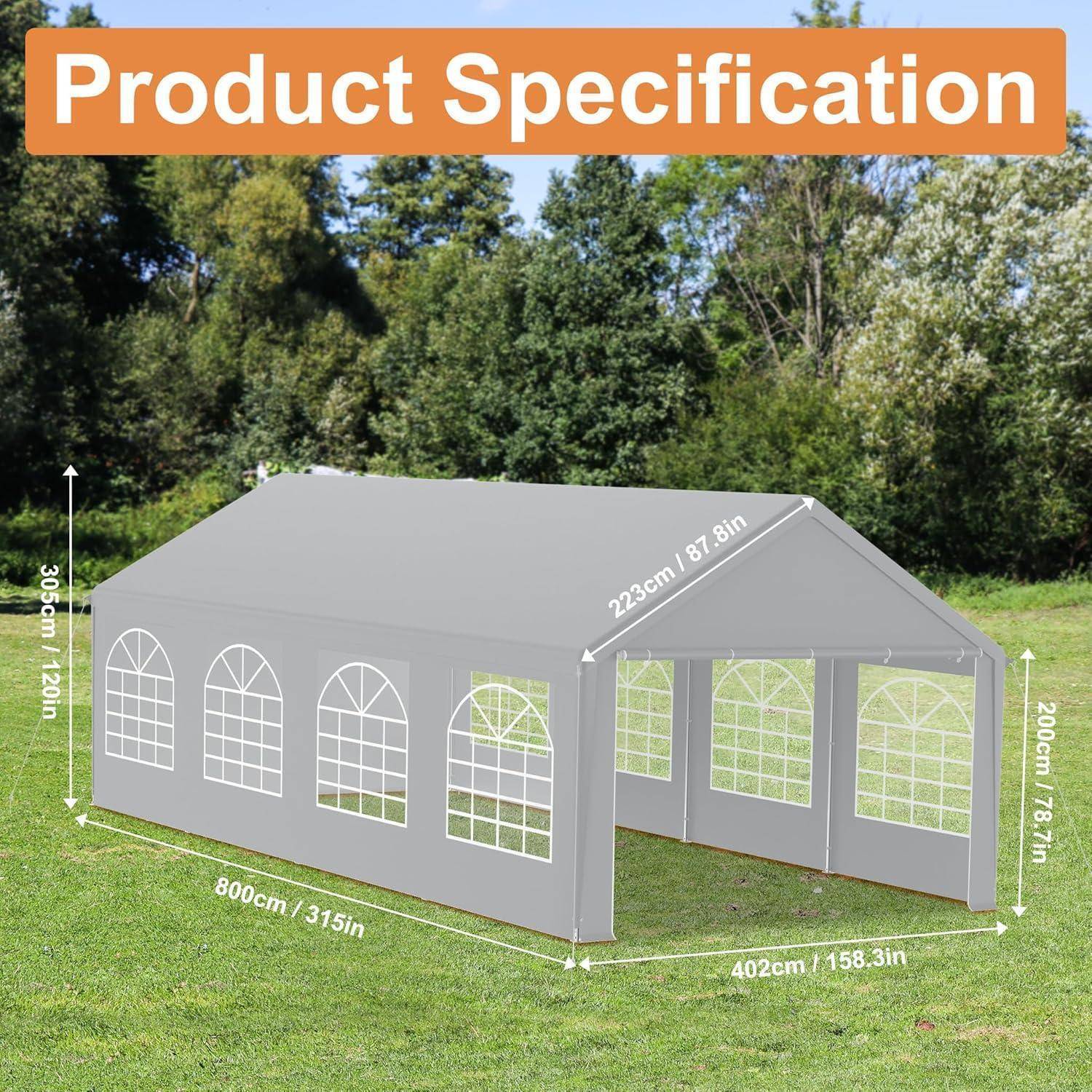Produktspezifikationsdiagramm eines grauen Outdoor-Pavillon-Zeltes mit Abmessungen: 800 cm mal 402 cm, 305 cm Höhe, mit 223 cm Seitenlänge und 200 cm Fronthöhe.