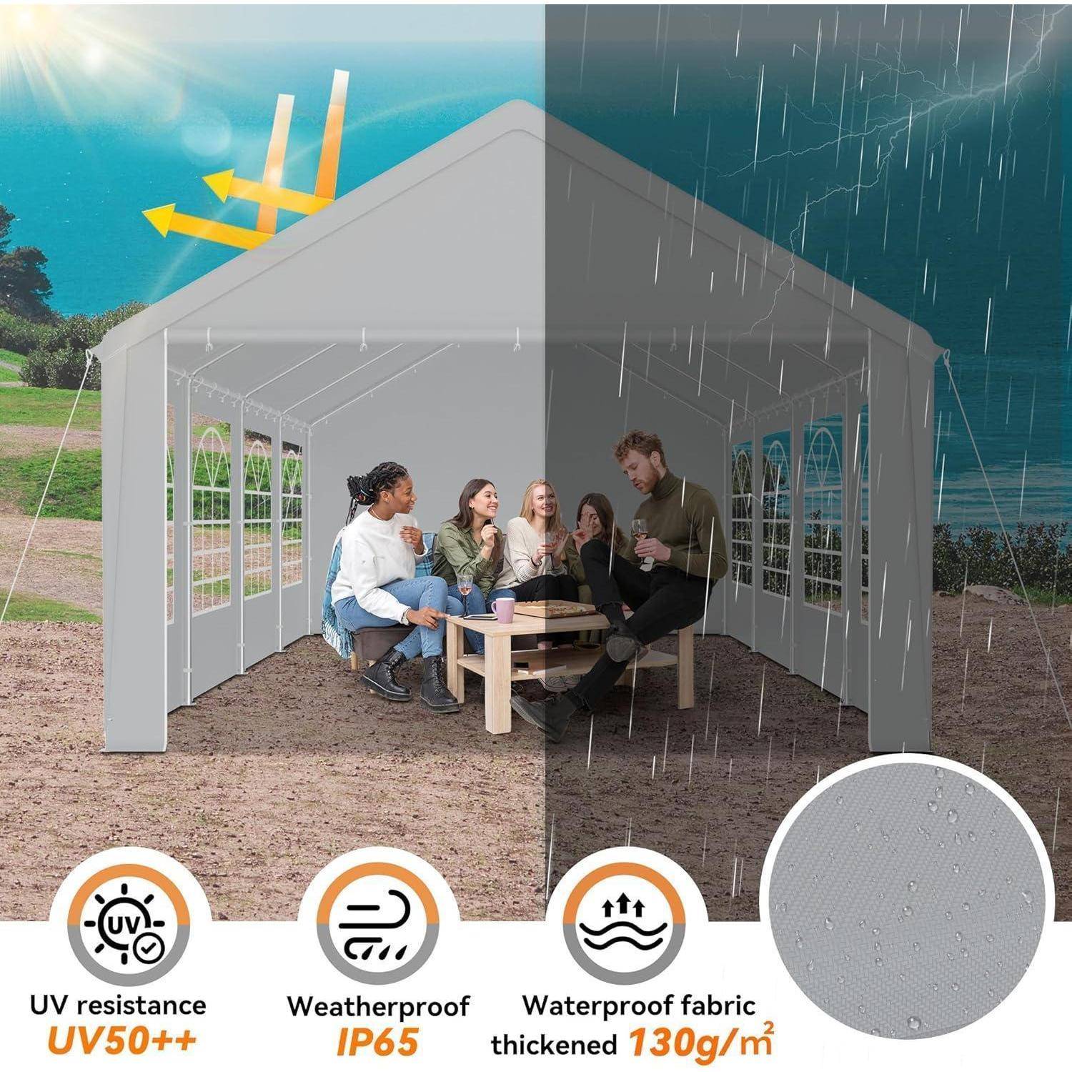 Split-View-Produktbild eines Wohnzeltes in Sonne und Regen mit Personen im Inneren, das UV-beständiges, wetterfestes und wasserdichtes Gewebe hervorhebt.