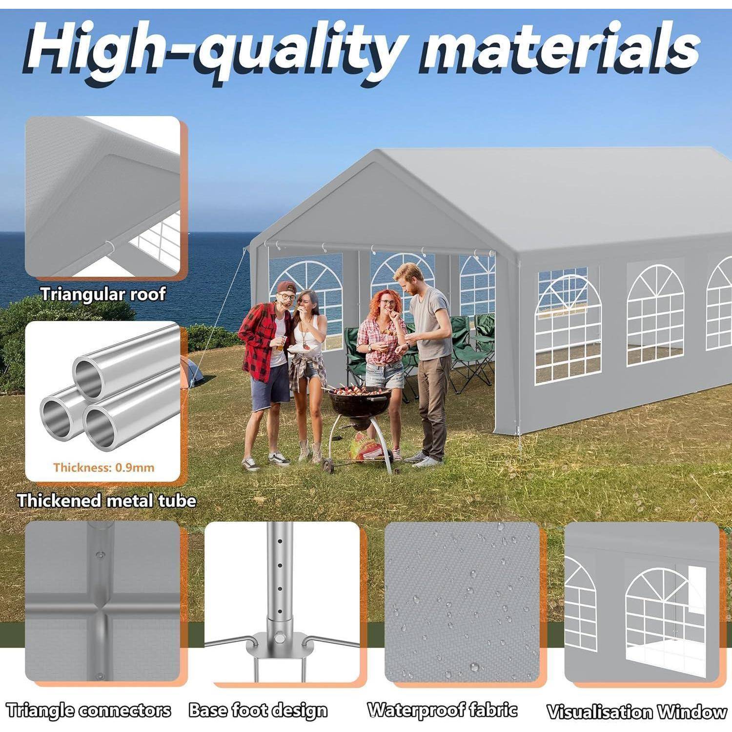 Werbebild eines grauen Outdoor-Partyzelt mit Menschen, die daneben grillen, wobei hochwertige Materialien hervorgehoben werden: Dreiecksdach, verdickte Metallrohre, Dreieckverbinder, Sockelfußdesign, wasserdichtes Gewebe und Fenster.