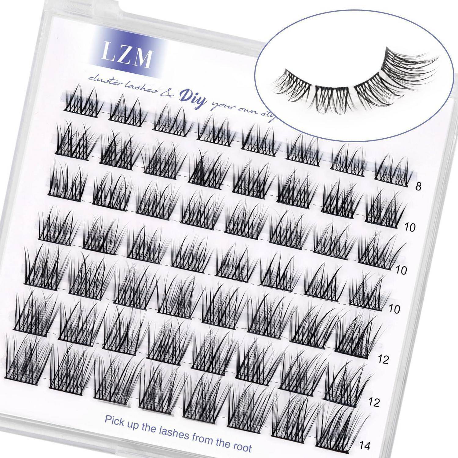 DIY-Wimpernverlängerungstablett mit mehreren Stilen und Längen von Kunstwimpernn, mit einem Musterpaar in einem ovalen Einsatz dargestellt.