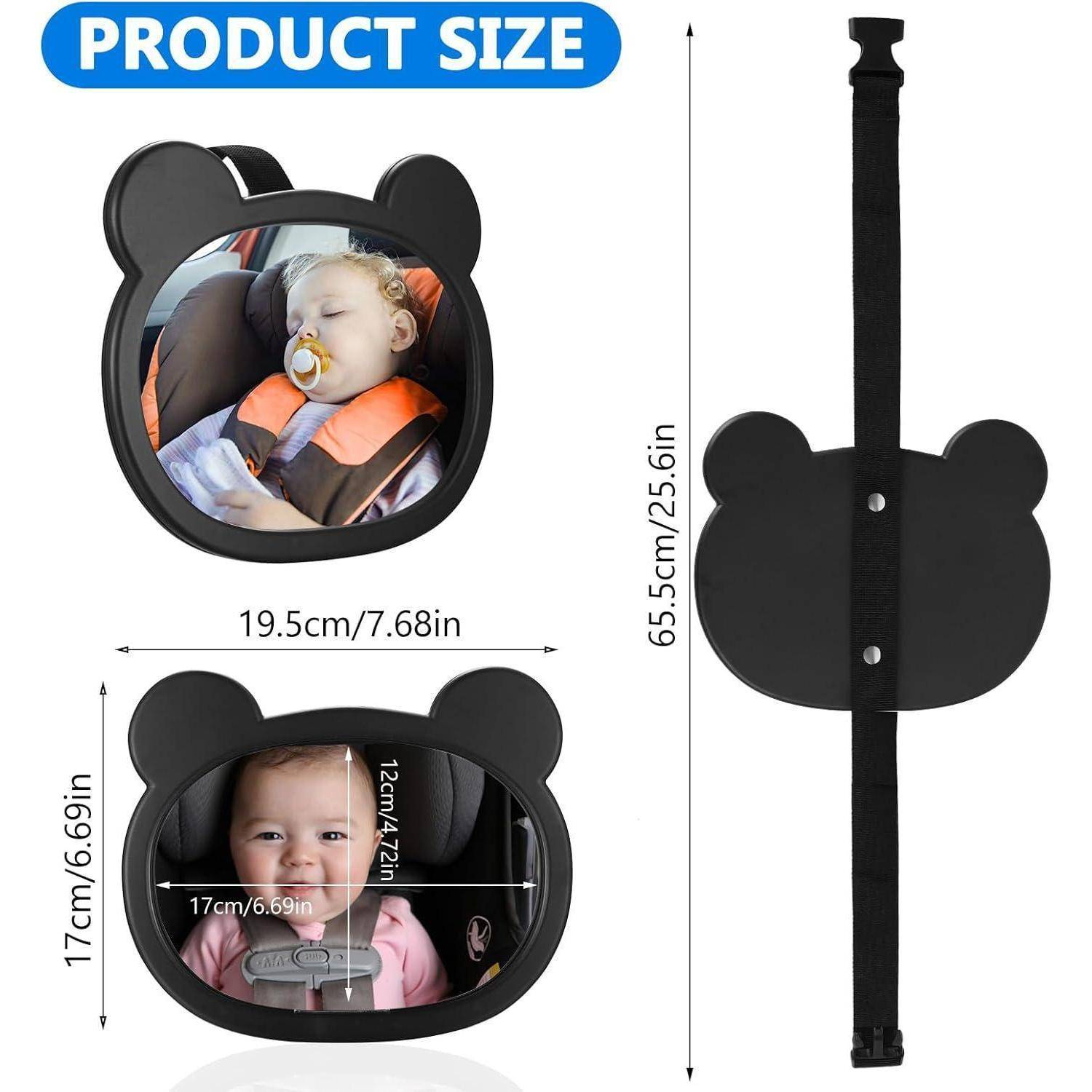 Größentabelle für einen bärenförmigen Autospiegel für Kindersitze, mit Vorder- und Seitenansichten und Abmessungen: 19,5 cm breit, 17 cm hoch und 65,5 cm langes Riemchen.
