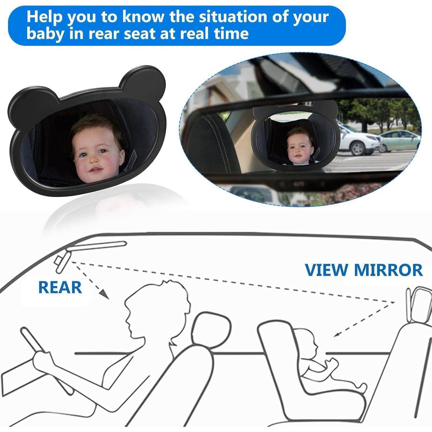 Rücksitzspiegel für Babys, der ein Baby in einem rückwärtsgewandten Autositz zeigt, mit einer Grafik, die veranschaulicht, dass der Spiegel dem Fahrer ermöglicht, das Baby im Rückspiegel zu sehen.