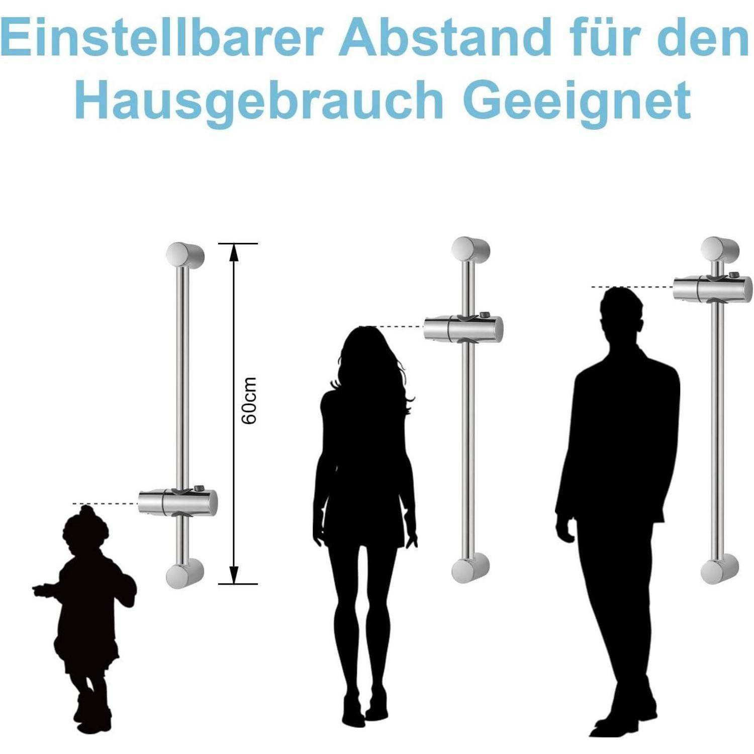 Abbildung eines höhenverstellbaren Heimgeräts mit einem vertikalen Bereich von 60 cm und Verwendungsbeispielen neben Silhouetten von Kind, Frau und Mann.