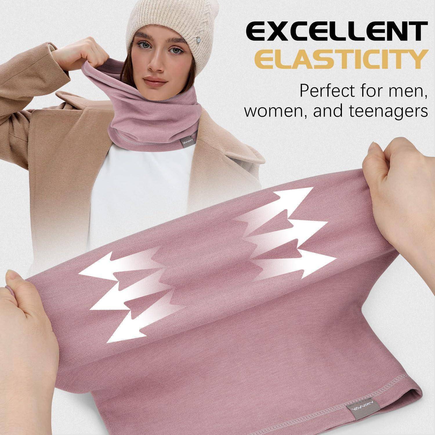 Modell, das einen rosa Nacken-Gaiter/Schal dehnt, mit Text „AUSGEZEICHNETE ELASTIZITÄT