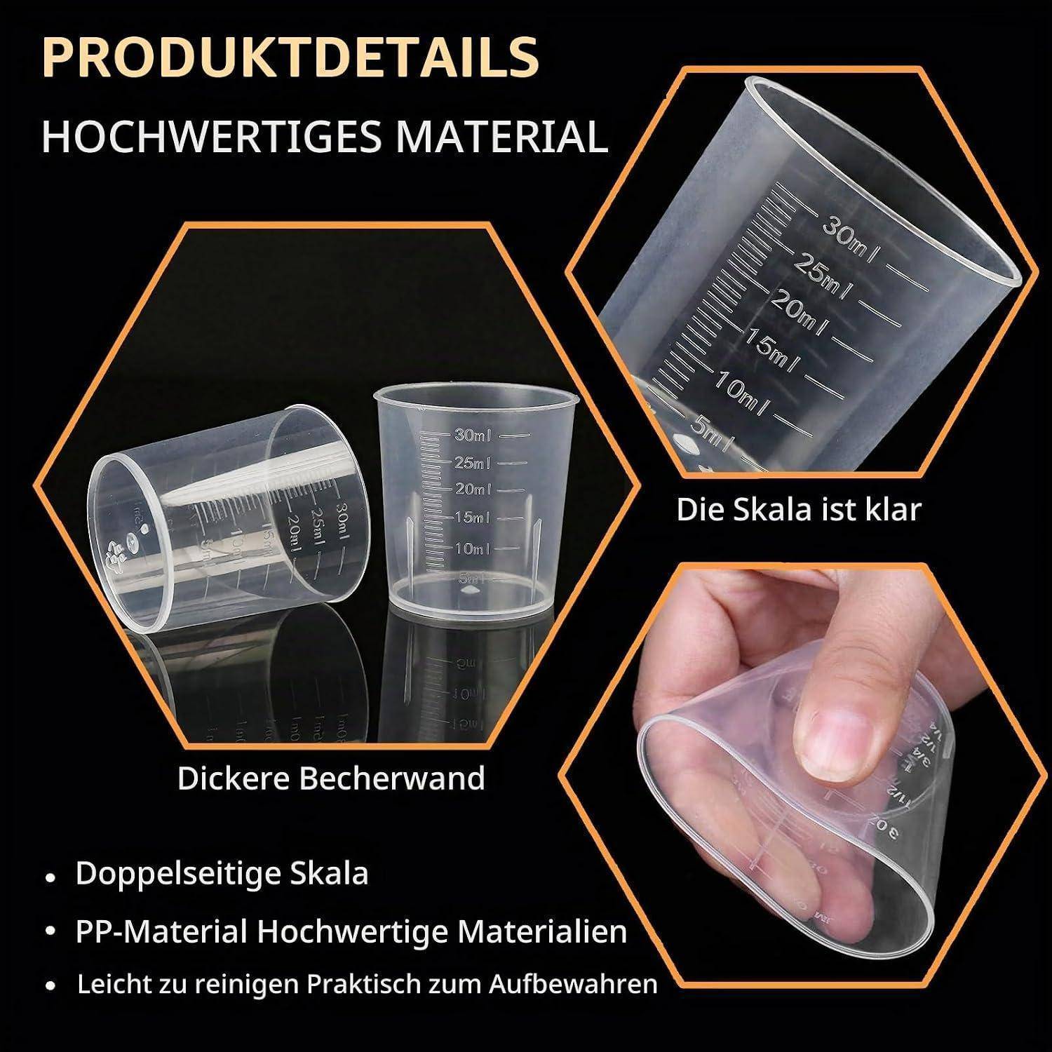 Deutsches Produktdetailbild, das einen klaren Kunststoff-Messecher mit dicken Wänden, doppelseitiger Skala und leicht ablesbaren Markierungen zeigt; hebt das PP-Material und einfache Reinigung hervor.