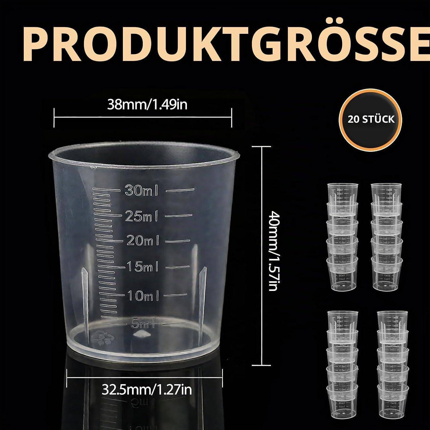 Produktgrößengrafik für einen durchsichtigen Kunststoff-Messbehälter: 40mm/1,57 Zoll Höhe, 38mm/1,49 Zoll Breite oben, 32,5mm/1,27 Zoll Breite unten, 30ml Markierungen, '20 STÜCK' angezeigt.