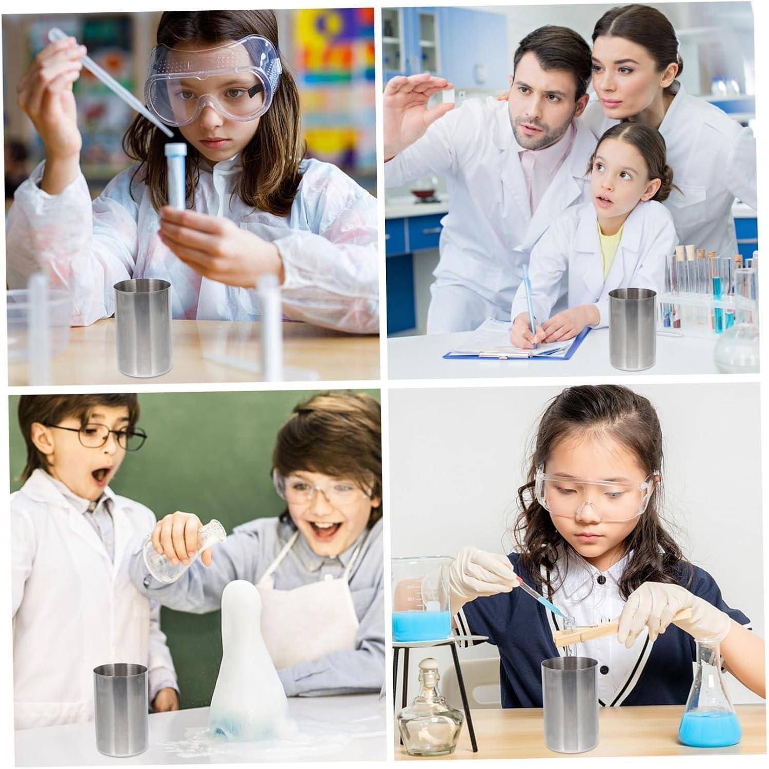 Collage von Schülern in Laborkitteln und Schutzbrille, die Chemieexperimente durchführen, Flüssigkeiten in Bechergläser gießen und eine schäumende Reaktion in einem Klassenzimmerlabor beobachten.