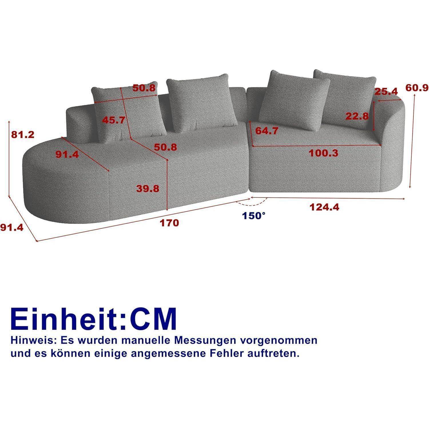Grau modulares Ecksofa mit geschwungener linker Armlehne, vier Kissen und Abmessungen in cm gekennzeichnet; der Text lautet „Einheit: CM" mit einem Hinweis auf manuelle Messungen.