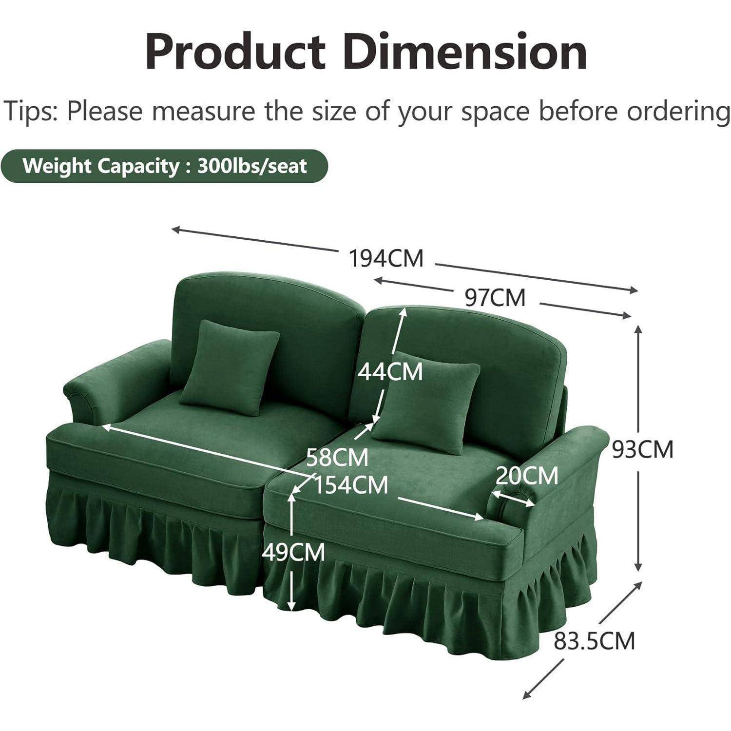 Produktdimensionsdiagramm für ein grünes Zweisitzer-Sofa: 194 cm breit, 83,5 cm tief, 93 cm hoch, Tragfähigkeit von 300 lbs/Sitzplatz, mit beschrifteten Sitz- und Rückenlehnenmaßen.