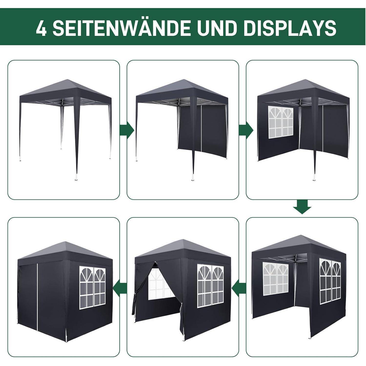 Diagramm zeigt ein Pop-Up-Zelt mit „4 SEITENWÄNDE UND DISPLAYS" und sechs Paneele, die verschiedene Wand-/Display-Kombinationen zeigen, die in Reihenfolge angebracht sind.