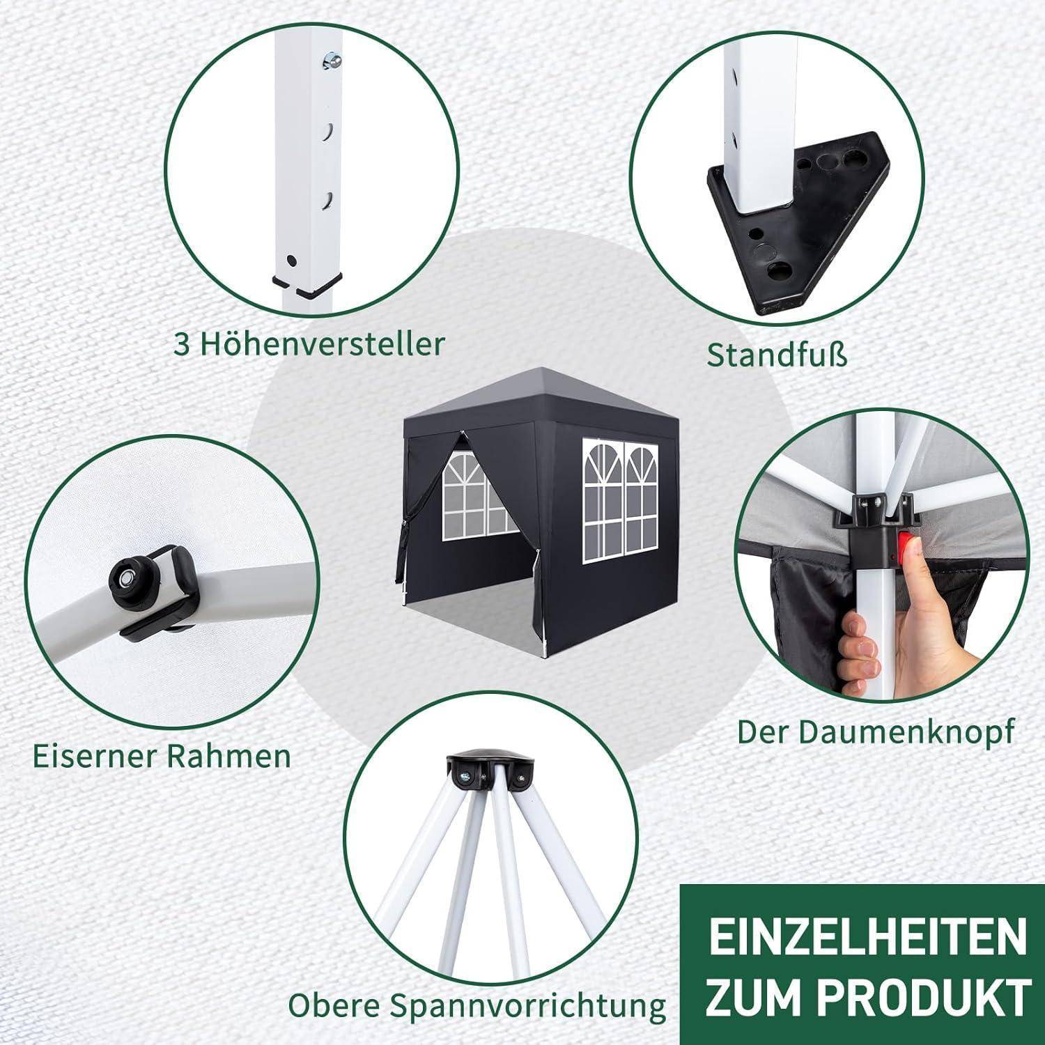 Deutsches Produktdiagramm eines schwarzen Pop-Up-Baldachins mit beschrifteten Teilen: Höhenverstellgerät, Standfuß, Eisenrahmen, Daumenschalter und oberes Spanngerät.