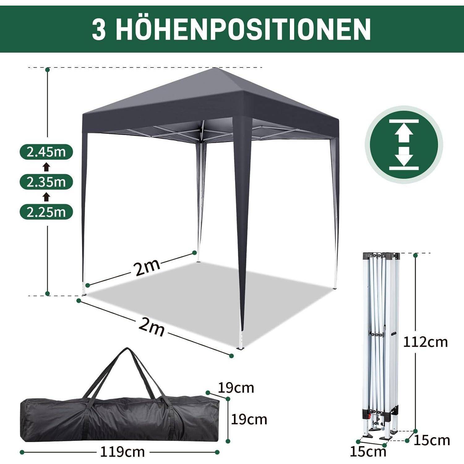 Abbildung eines Pop-up-Kuppelzelts mit 3 Höheneinstellungen: 2,25 m, 2,35 m und 2,45 m; Grundfläche 2 m x 2 m; Packgröße 119 cm lang, 19 cm hoch, 15 cm breit.