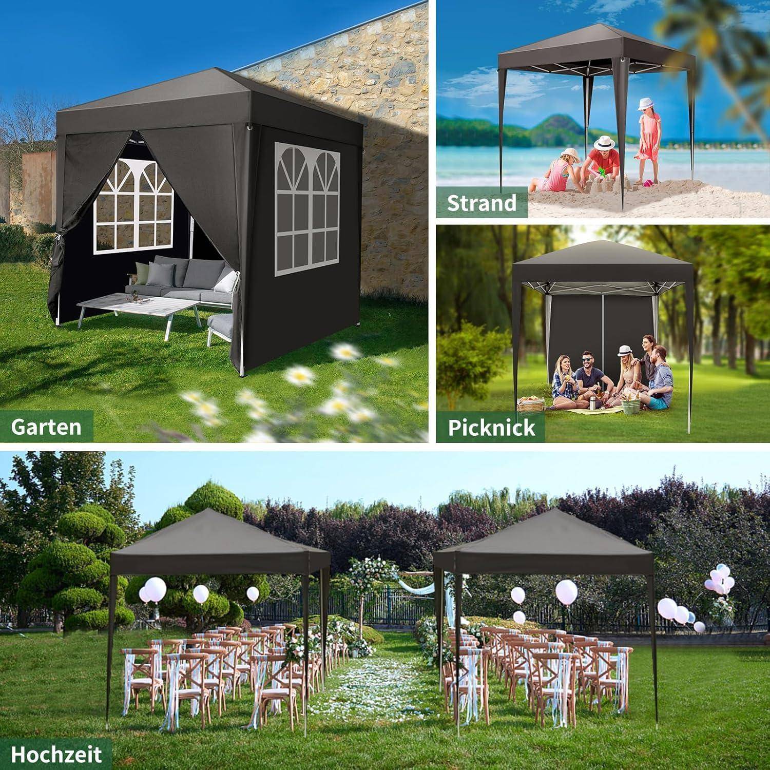 Collage eines Pop-up-Pavillon-Zelts, das in einem Garten, am Strand, bei einem Picknick und bei einer Hochzeitsfeier im Freien verwendet wird.