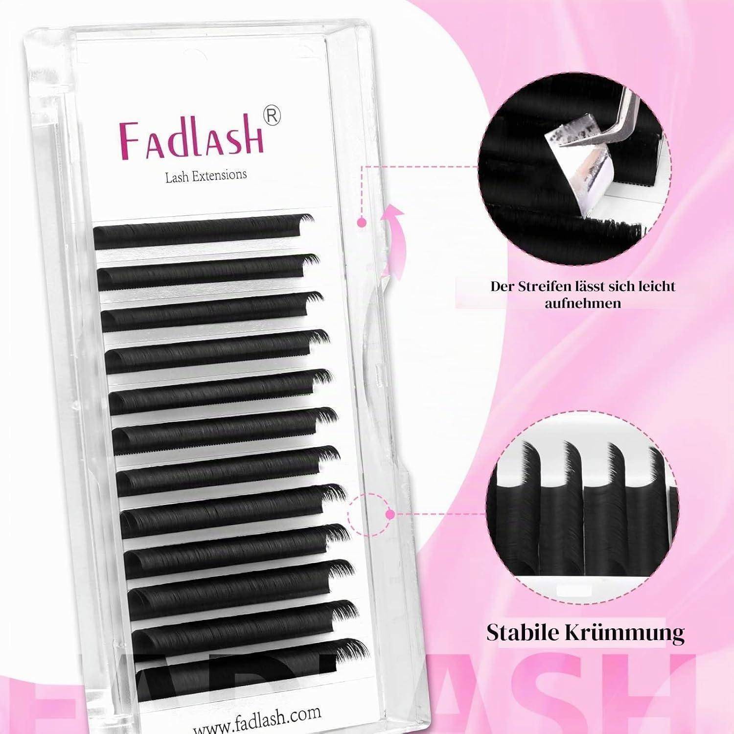 Verpackte Fadlash-Wimpernverlängerungsstreifen mit schwarzen Wimpernreihen; eingefügte Hinweisfelder zeigen einfache Entfernung und stabilen Schwung.