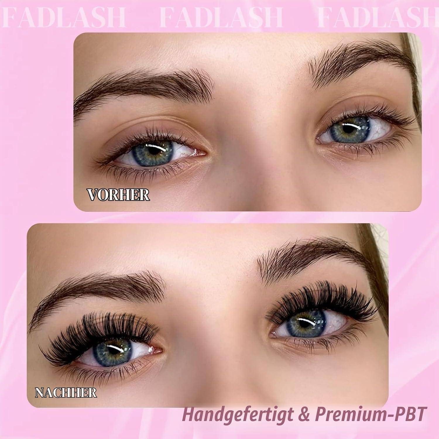 Vorher-und-Nachher-Nahaufnahme der Augen einer Frau, die natürliche Augenbrauen und Wimpern mit der Bezeichnung „VORHER