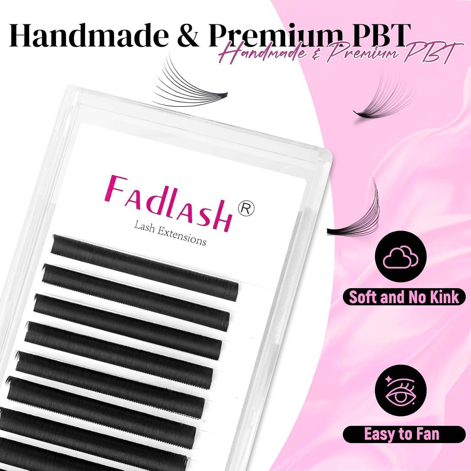 Werbebild von Fadlash Wimpernverlängerungen in einem durchsichtigen Tablett mit der Beschriftung „Handgefertigt & Premium PBT