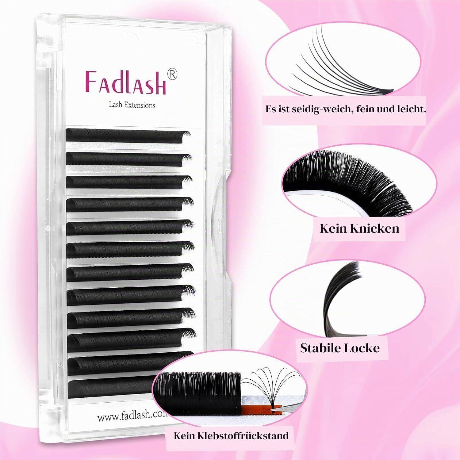 Produktbild von Fadlash-Wimpernverlängerungen in einem durchsichtigen Behälter mit Beschriftungen, die besagen „Es ist seidig weich, fein und leicht.