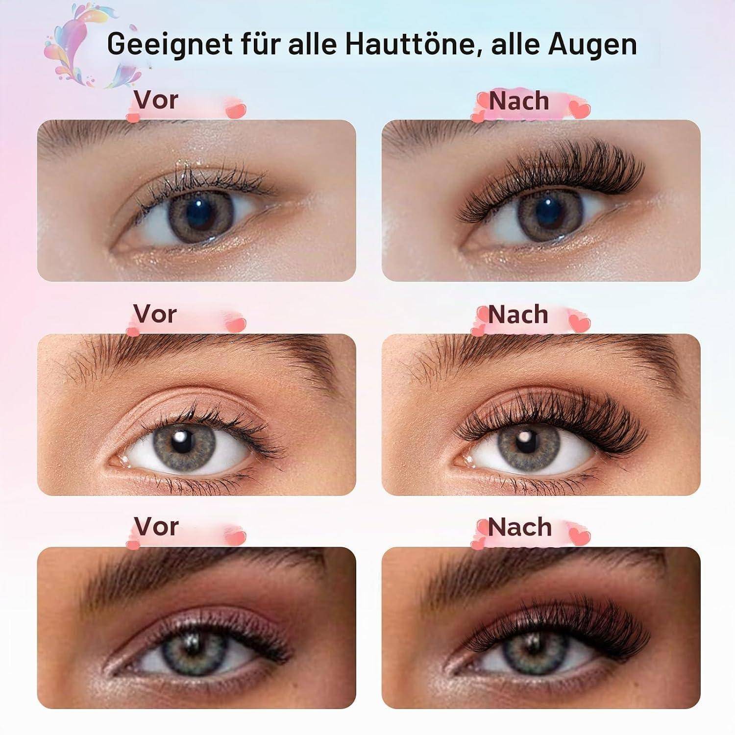 # Wimperntusche-Vorher-Nachher-Anzeige mit drei Augentypen; Text besagt, dass sie zu allen Hauttönen und Augenfarben passt.