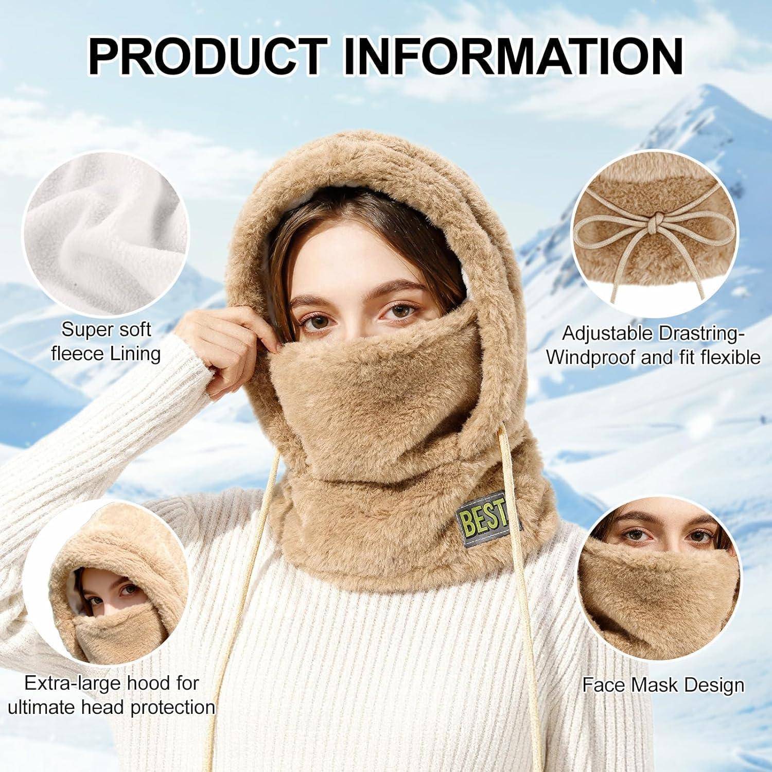 Produktinformationsbild, das eine Frau zeigt, die eine flauschige beige Gesichtsmaske mit Kapuze trägt; hebt weiches Fleece-Futter, verstellbare Kordelzug, übergroße Kapuze und winddichte Gesichtsabdeckung hervor.