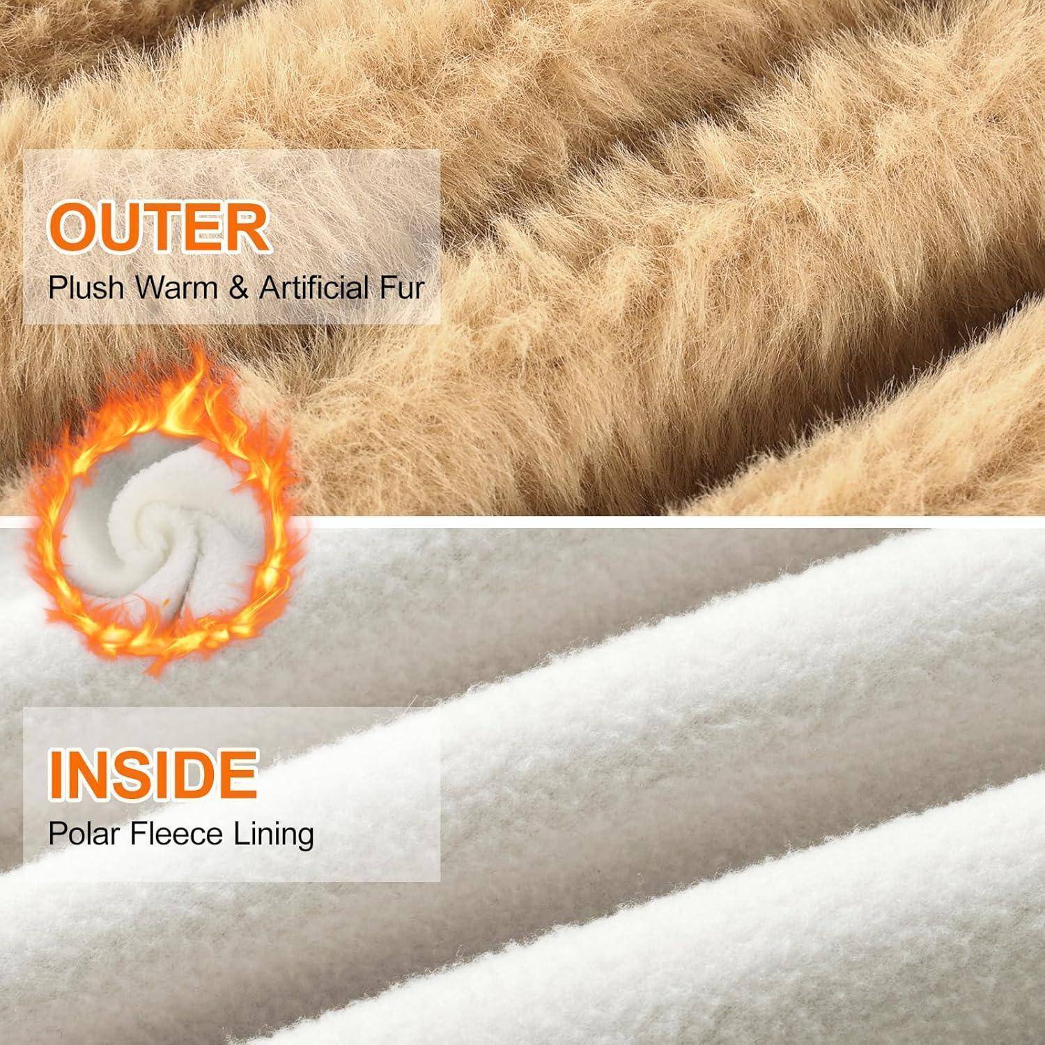Geteiltes Bild mit Vergleich zwischen außen kuscheliger warmer Kunstfell und innen Fleecefutter aus Polarstoff, das die weichen, warmen Materialien der Jacke hervorhebt.