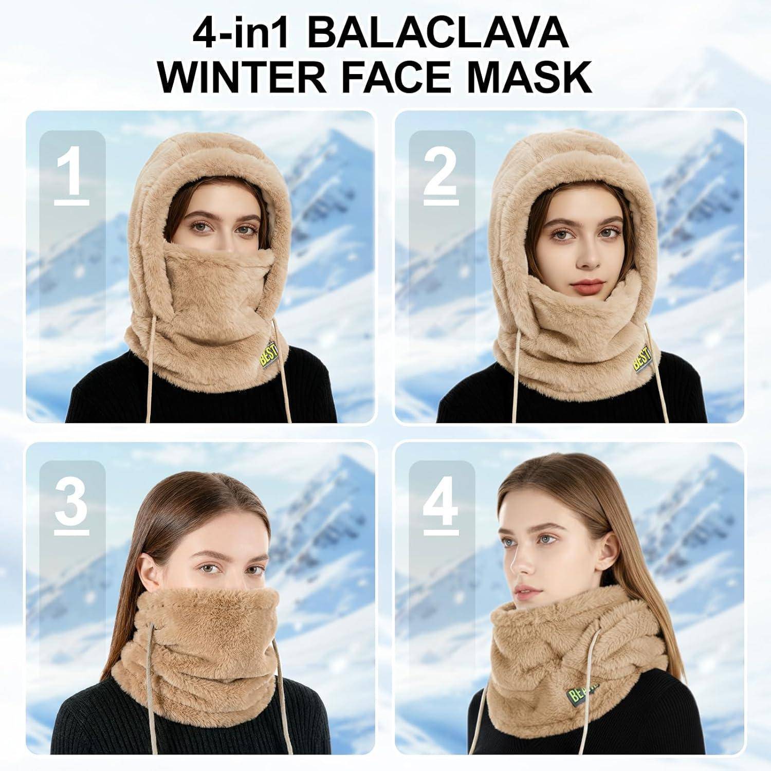 Collage zeigt eine beige 4-in-1-Sturmmaske für den Winter, die auf vier verschiedene Arten von einer Frau getragen wird und Kopf, Nase und Nacken für den Schutz bei kaltem Wetter bedeckt.