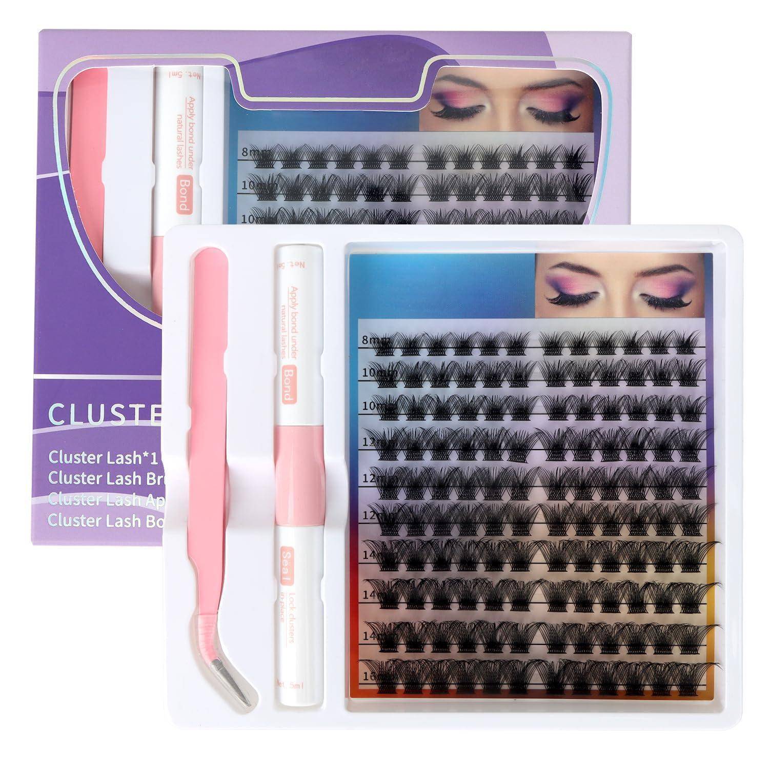 Paket mit künstlichen Wimpernbüscheln, Pinzette, Klebstoff und Wimpernpaletten in gemischten Längen in rosa und lila Verpackung.