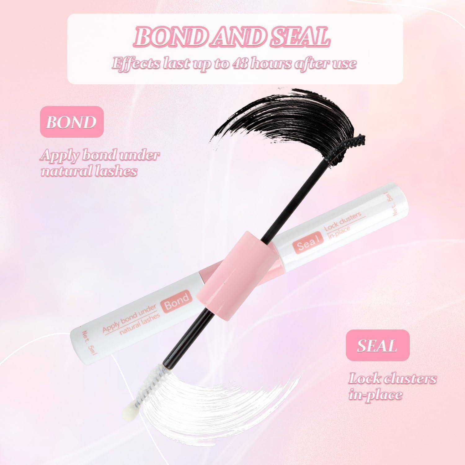 Rosafarbene Beauty-Anzeige, die zwei mascaraähnliche Tubes und einen Doppelbürste mit der Bezeichnung „Bond and Seal
