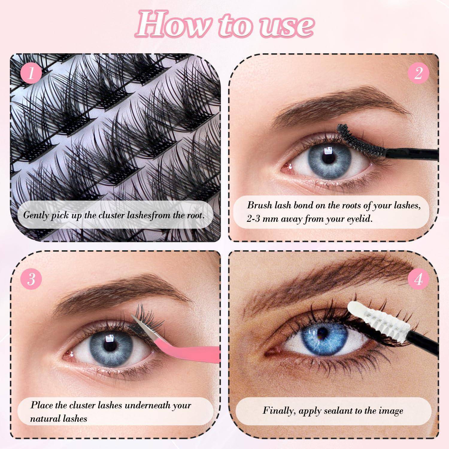 Schritt-für-Schritt-Anleitung für Wimpernverlängerungen: Büschelwimpern aufnehmen, Kleber auf die Wurzeln der natürlichen Wimpern auftragen, Büschel darunter platzieren, dann Versiegler auftragen.