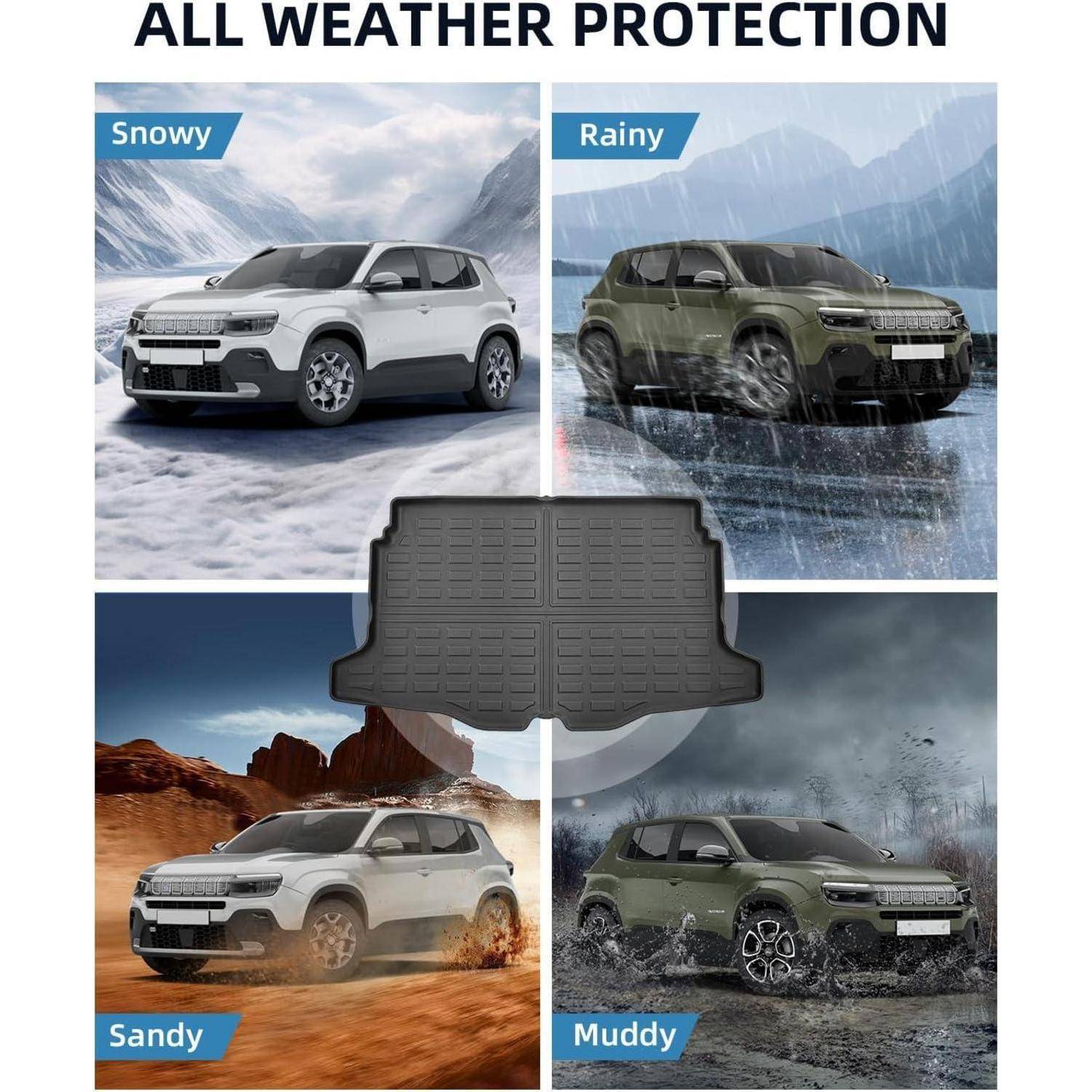 Allwetterschutz: Eine Autofußmatte wird oben mit vier SUV-Szenen gezeigt, die mit „Schneereich