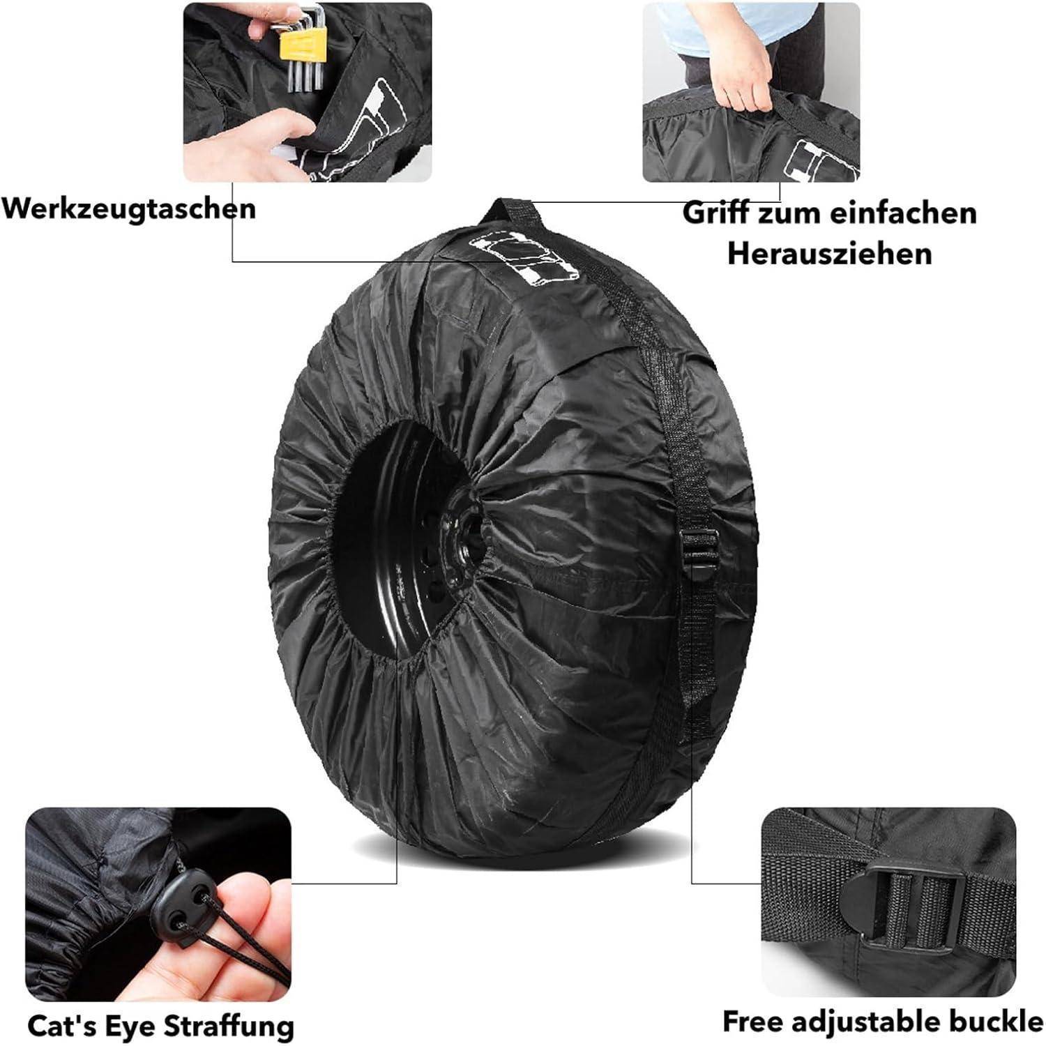 Schwarze Reifenschutzhülle mit Werkzeugtasche, Griffschlaufe, Katzenauge-Riemen und verstellbarem Schnallenverschluss, mit detaillierten Nahaufnahmen der Funktionen.