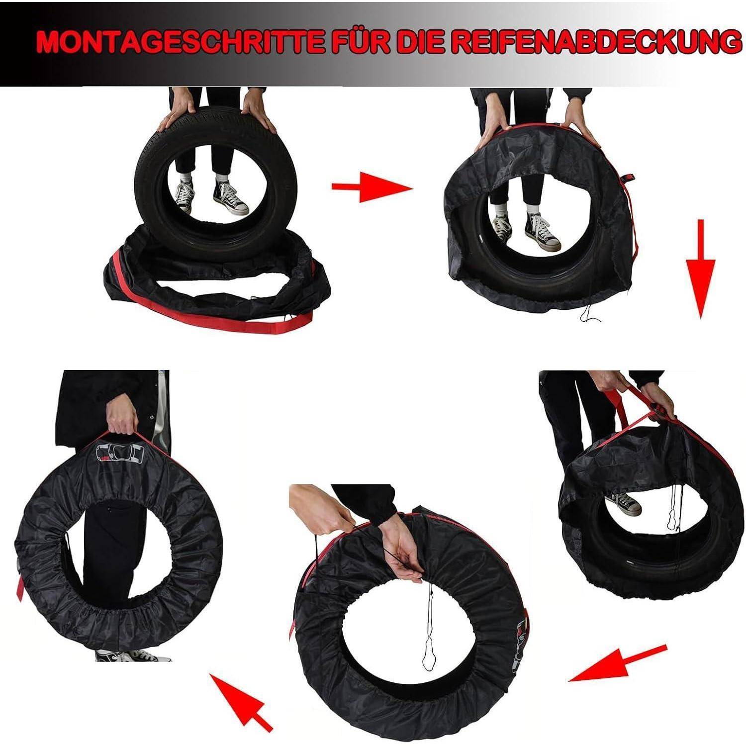 Anleitung-Collage zur Installation einer Reifenabdeckung mit Pfeilen, die zeigen, wie man eine schwarze Abdeckung um einen Reifen wickelt und befestigt.