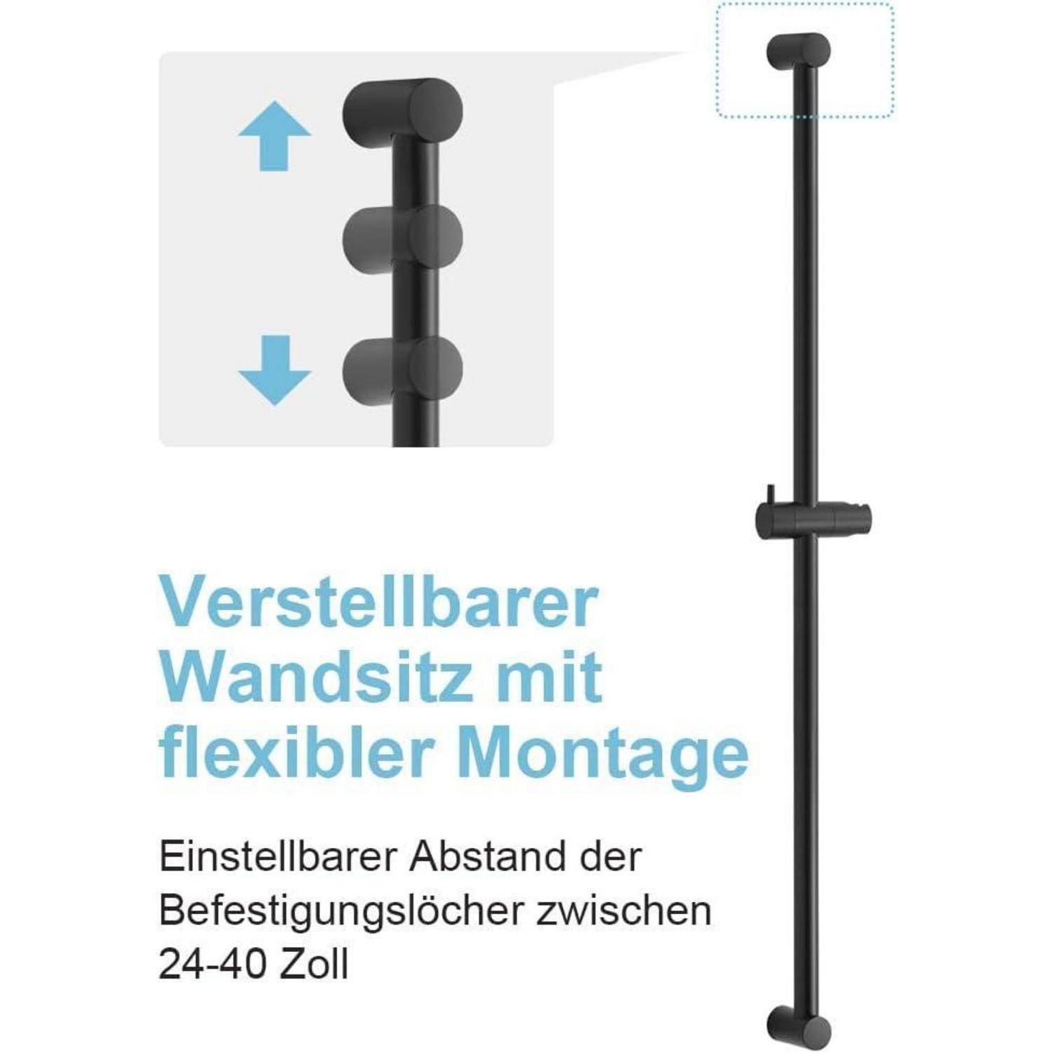 Verstellbarer Wandsitz mit flexibler Befestigung; zeigt verstellbare Halterungshöhe und Abstand der Montagelöcher von 24-40 Zoll.