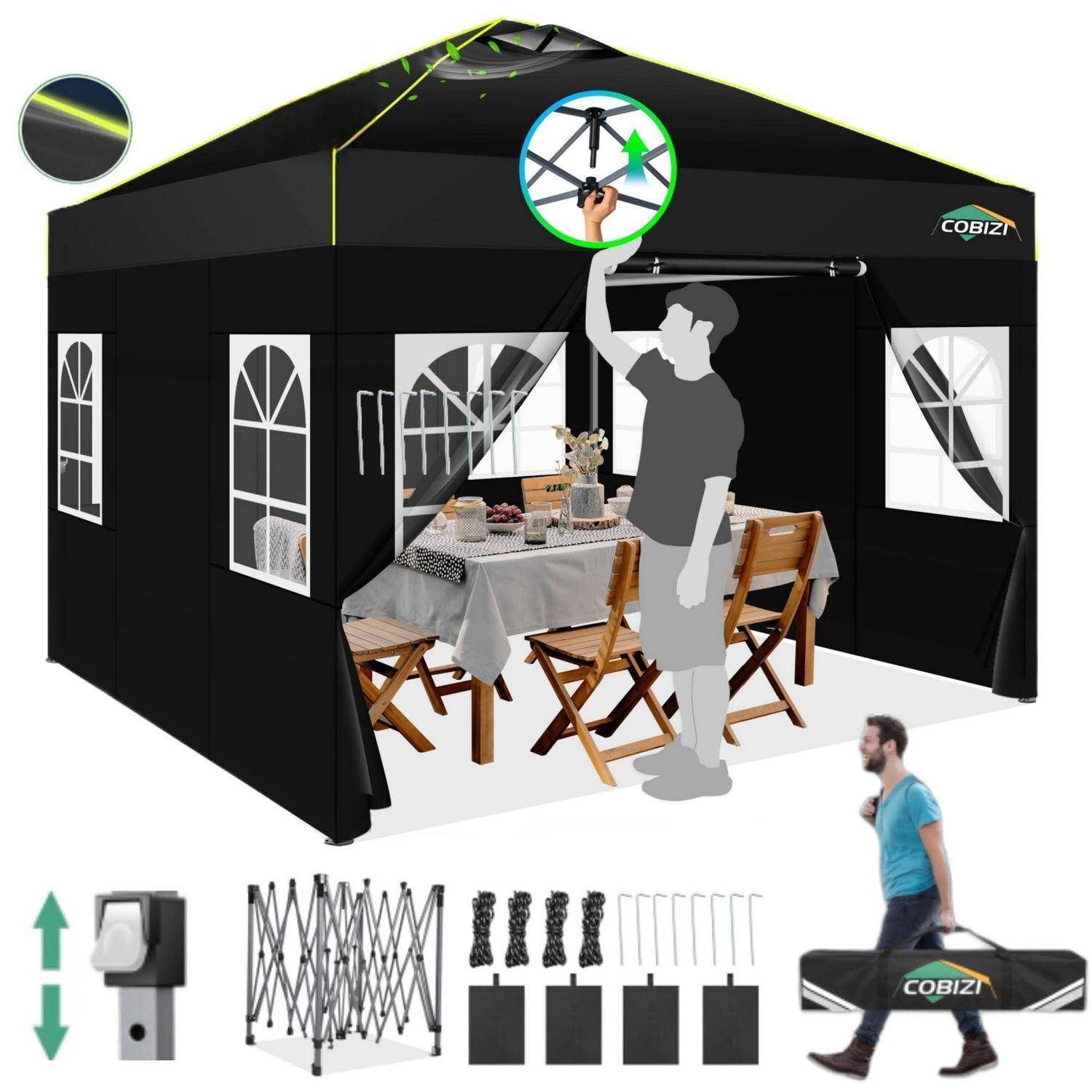Schwarzes Pop-up-Baldachindach wird zusammengebaut, wobei eine Person das Gestell anhebt; die Einfügung zeigt die Höhenverstellung, und die unteren Bilder zeigen die zusammengefaltete Tragetasche und die Teile.