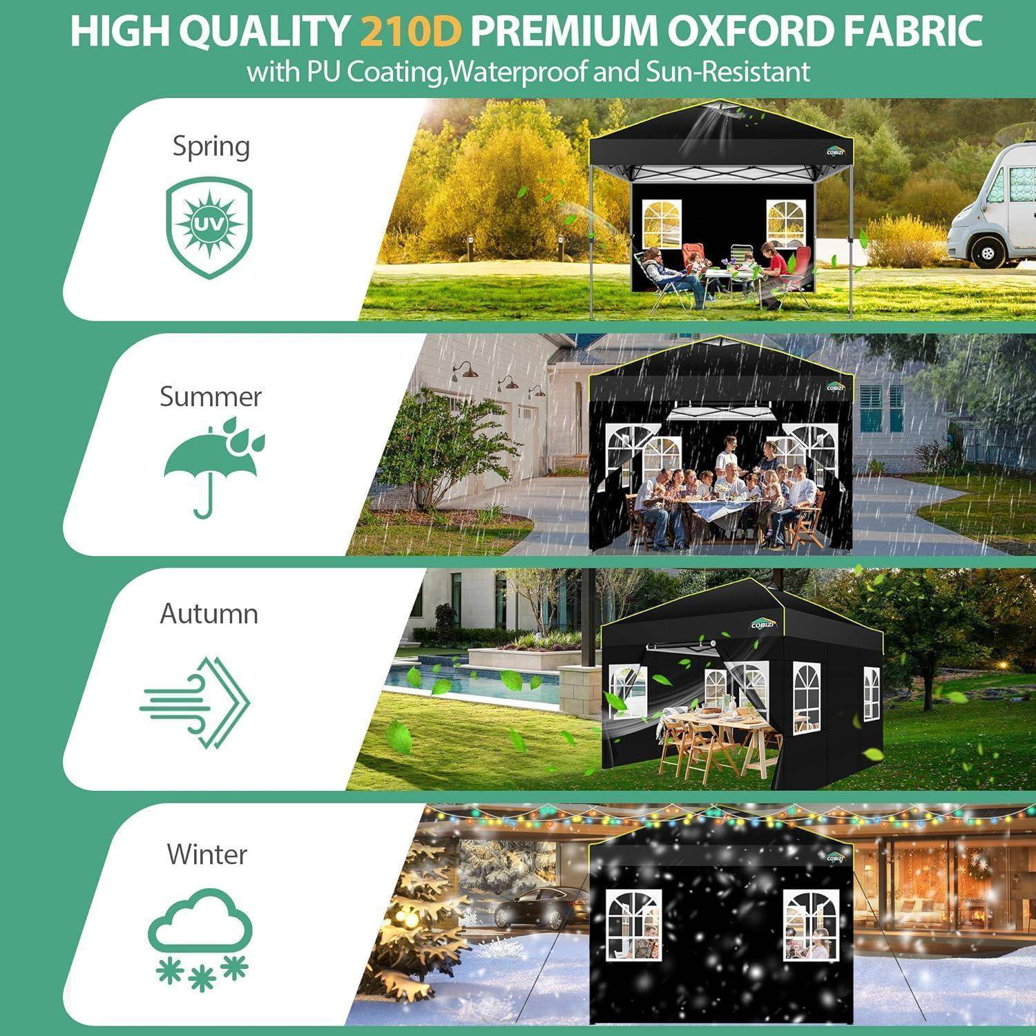 Infografik zeigt ein schwarzes Pop-up-Kuppelzelt aus hochwertigem 210D-Premium-Oxford-Stoff mit PU-Beschichtung, wasserdicht und sonnenbeständig, illustriert für Frühjahrs-, Sommer-, Herbst- und Winternutzung.