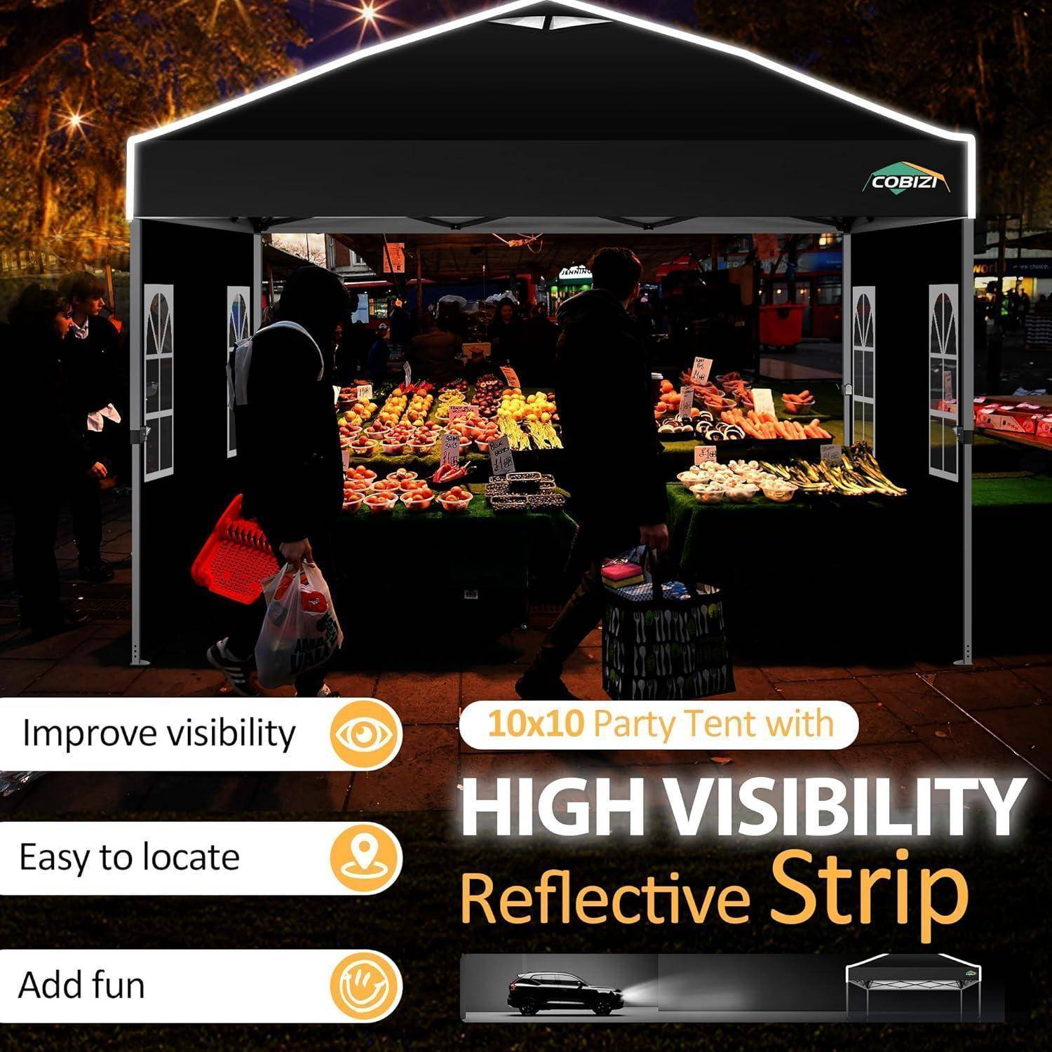 Werbebild eines schwarzen 10x10-Partyzelte mit reflektierendem Streifen, nachts als gut sichtbarer Marktstand gezeigt, mit Text, der hohe Sichtbarkeit und einfache Lokalisierung bewirbt.