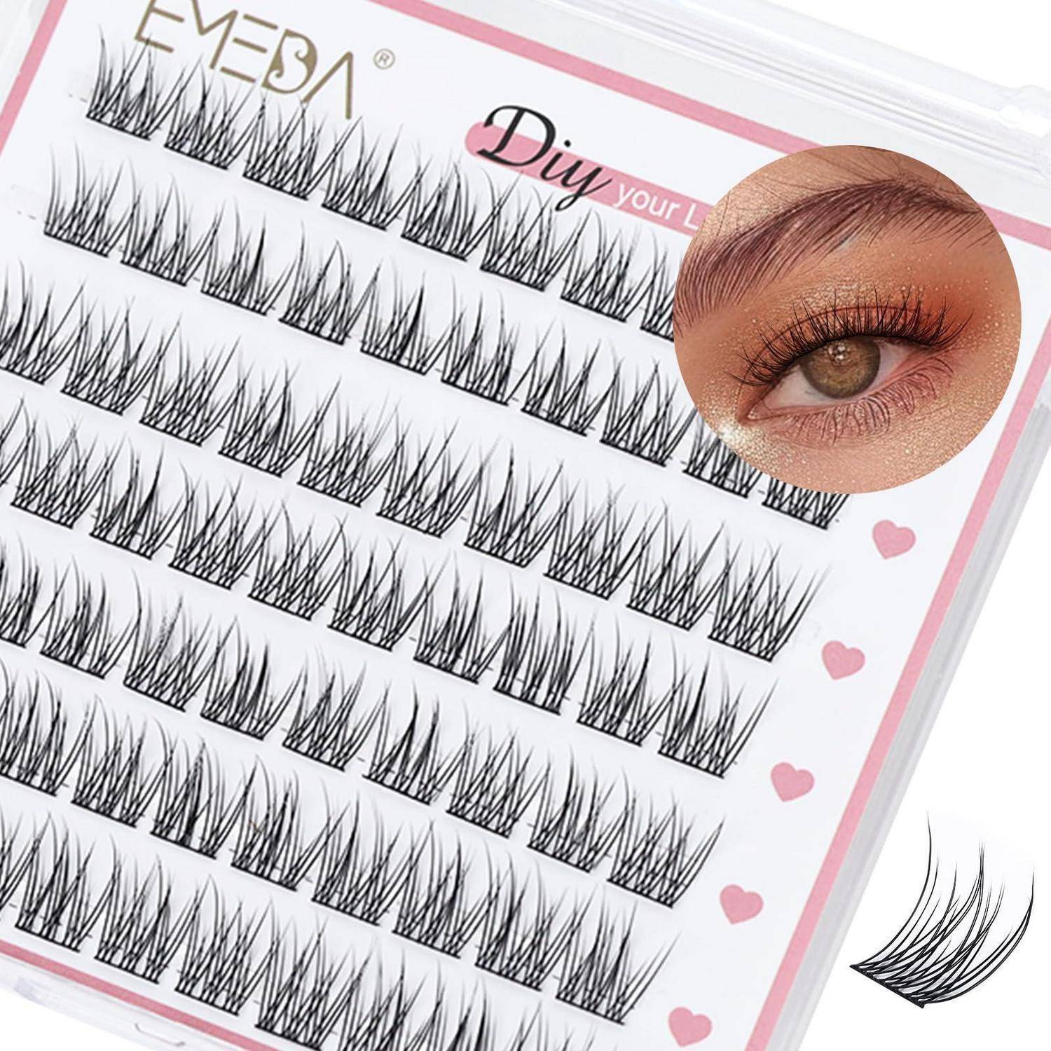 Tablett mit falschen Wimpern mit mehreren Wimpernstilen und einer kreisförmigen Einfassung, die zeigt, wie die Wimpern auf einem Auge aussehen.