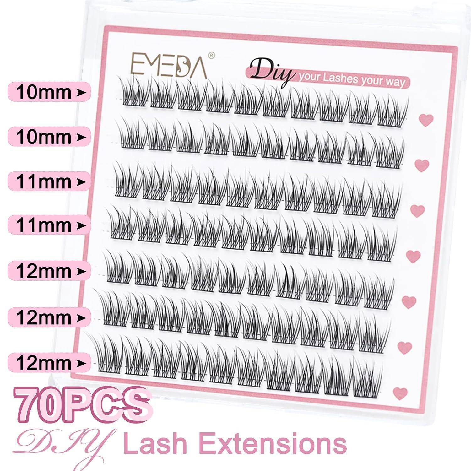 Paket mit DIY-Wimpernverlängerungen mit sechs Reihen künstlicher Wimpern, beschriftet mit 10mm, 11mm und 12mm; Text liest sich „70er DIY-Wimpernverlängerungen