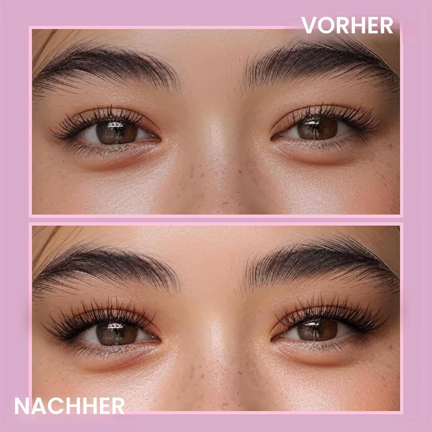Vorher-und-Nachher-Nahaufnahme von Augen und Augenbrauen mit den Bezeichnungen „VORHER