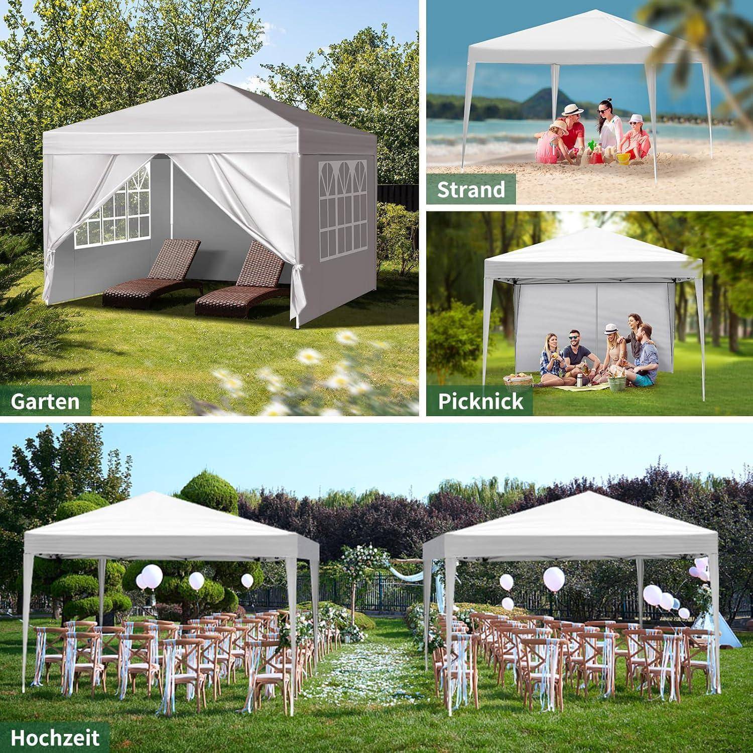 Collage mit einem weißen Pop-Up-Pavillon, der in Garten-, Strand-, Picknick- und Hochzeitsszenen verwendet wird.