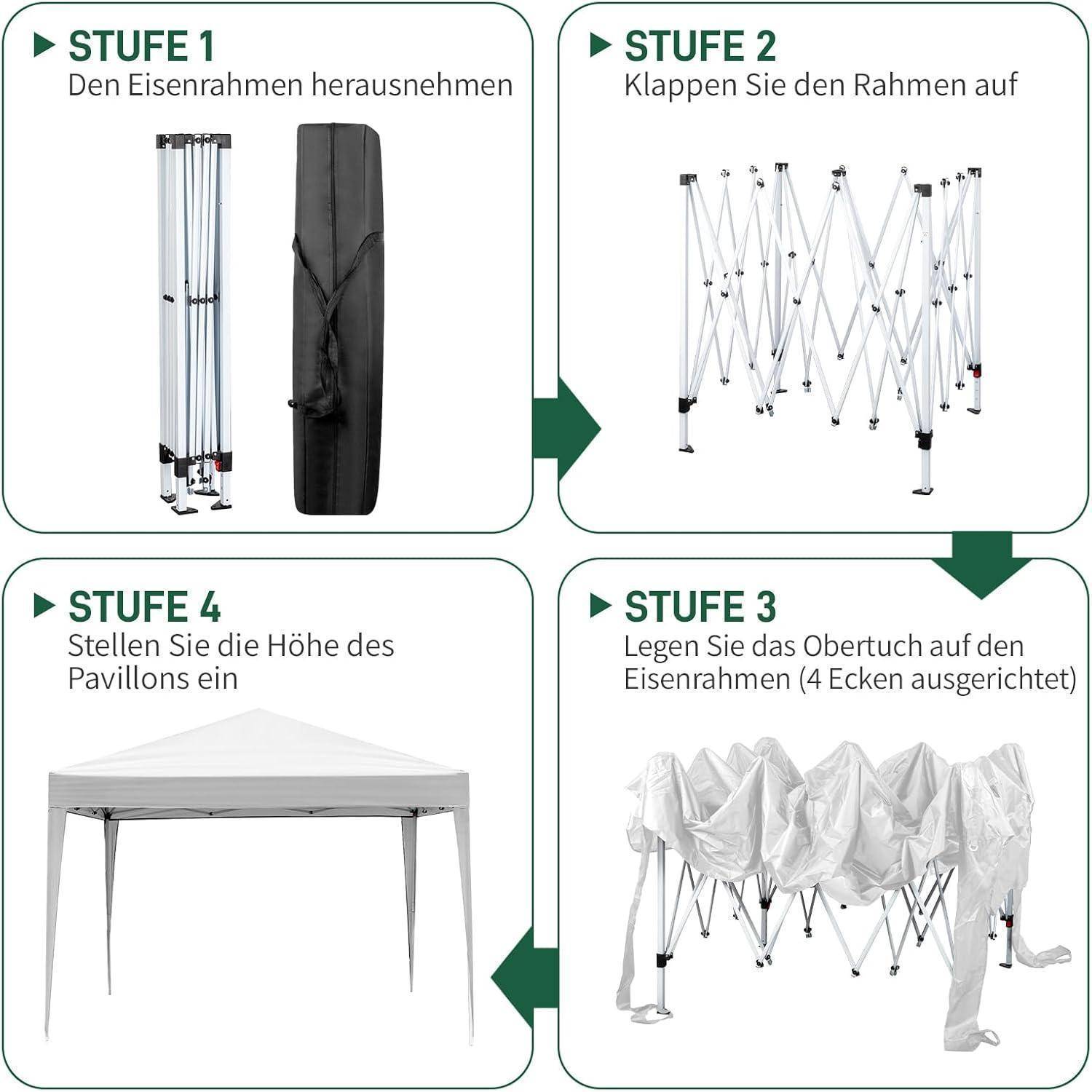 Vierstufige deutsche Aufbauanleitung für ein Pop-up-Pavillon-Zelt: Metallrahmen entfernen, auseinanderfalten, das Dach darauf platzieren und dann die Höhe anpassen.