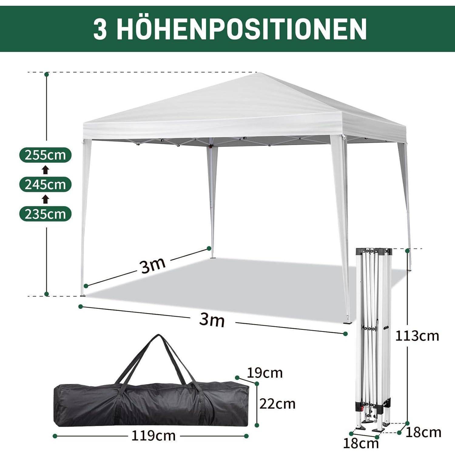 Illustration eines weißen Pop-up-Baldachins mit 3 Höheneinstellungen: 235 cm, 245 cm und 255 cm, Grundfläche 3 m x 3 m, Packgröße 119 x 22 x 19 cm, zusammengeklappte Höhe 113 cm.