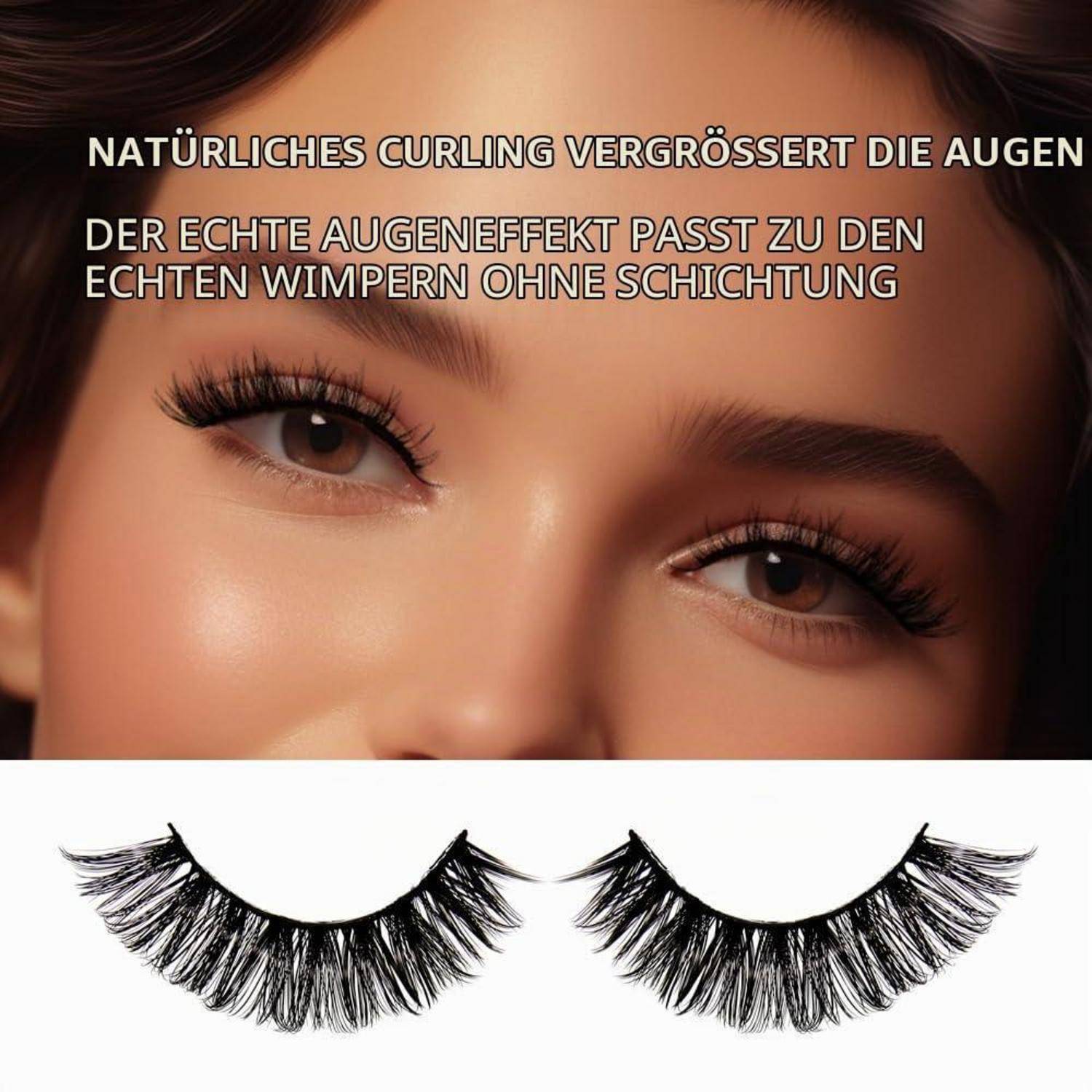 Nahaufnahme der Augen einer Frau mit deutschem Text, der natürliches Locken zur Verbesserung der Augen bewirbt, und zwei künstliche Wimpern, die darunter auf weißem Hintergrund gezeigt werden.