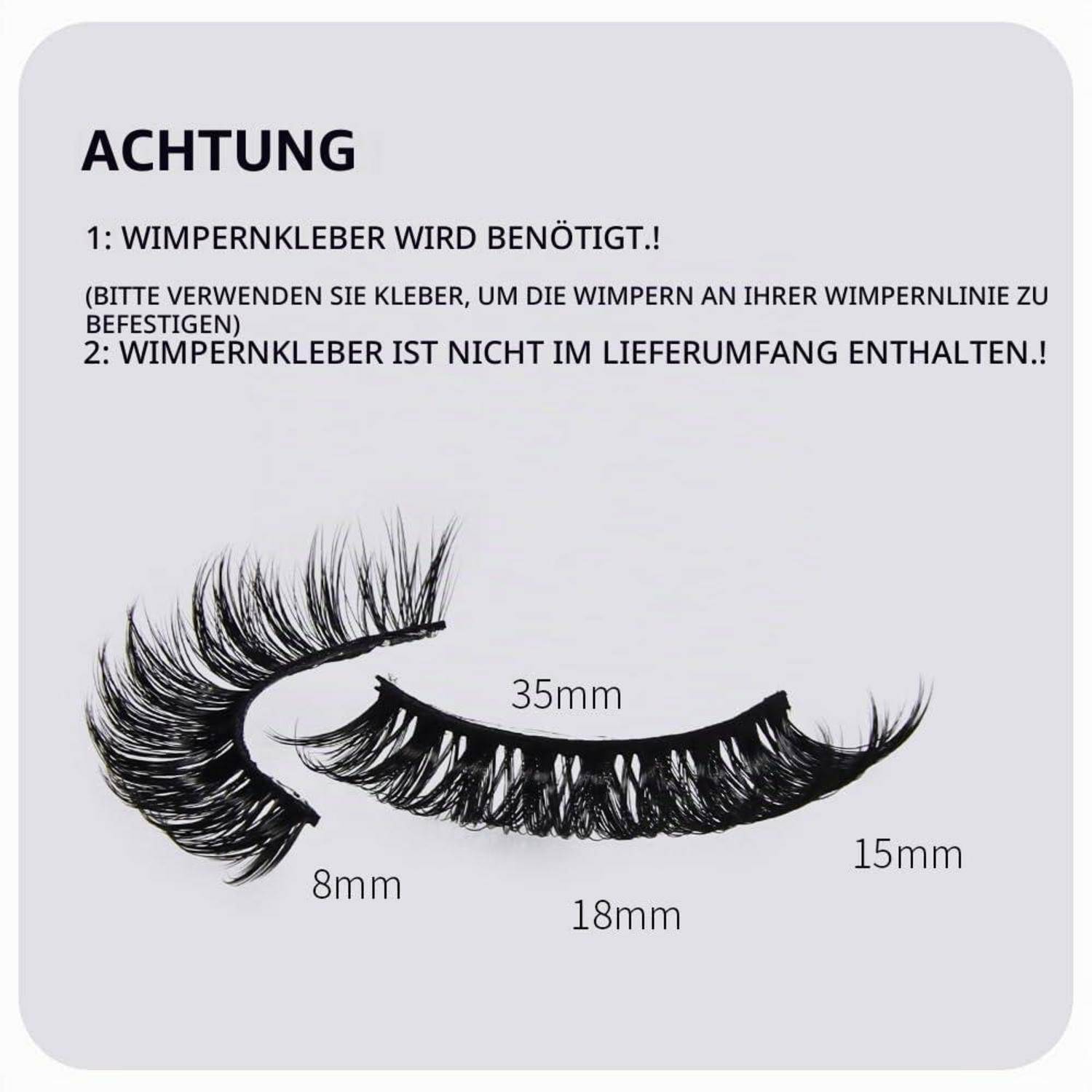 Deutsches Warnschild mit falschen Wimpern; besagt, dass Wimpernkleber erforderlich ist und nicht enthalten ist, mit Wimpernseglmentlängen von 35 mm, 15 mm, 18 mm und 8 mm gekennzeichnet.