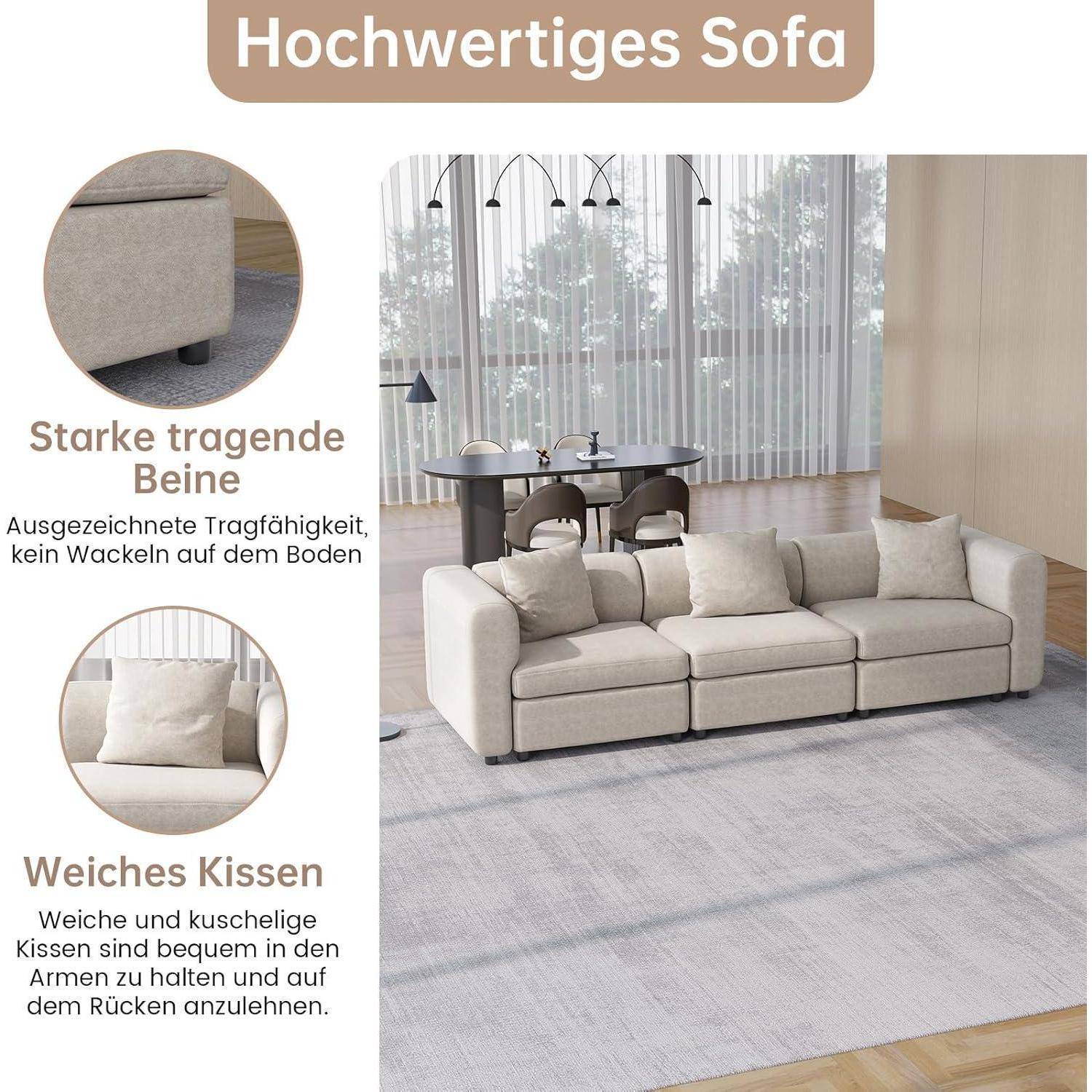 Anzeige für ein beigefarbenes Polstersofa in einem hellen Wohnzimmer, das starke Beine und weiche Kissen hervorhebt, mit deutschem Text: 'Hochwertiges Sofa', 'Starke tragende Beine', 'Weiches Kissen'.