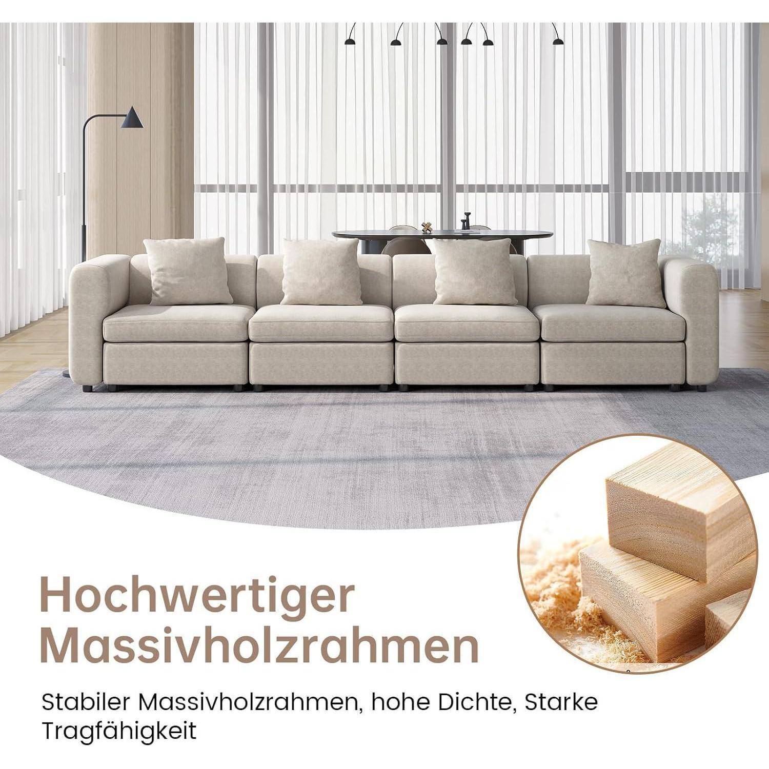 Beiges Ecksofa in einem hellen Wohnzimmer mit Text „Hochwertiger Massivholzrahmen