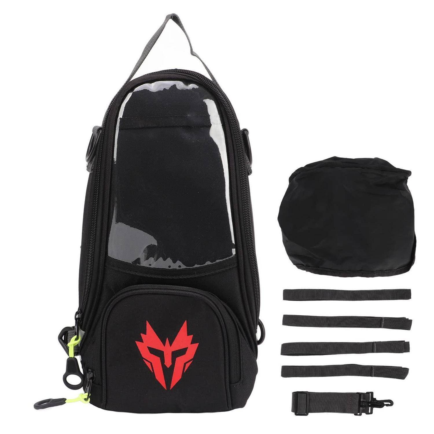 Schwarze Motorrad-Tankrucksack oder Rucksack mit transparentem Oberfenster, rotem Logo und mitgeliefertem Schultergurt, Befestigungsgurten und Abdeckung.