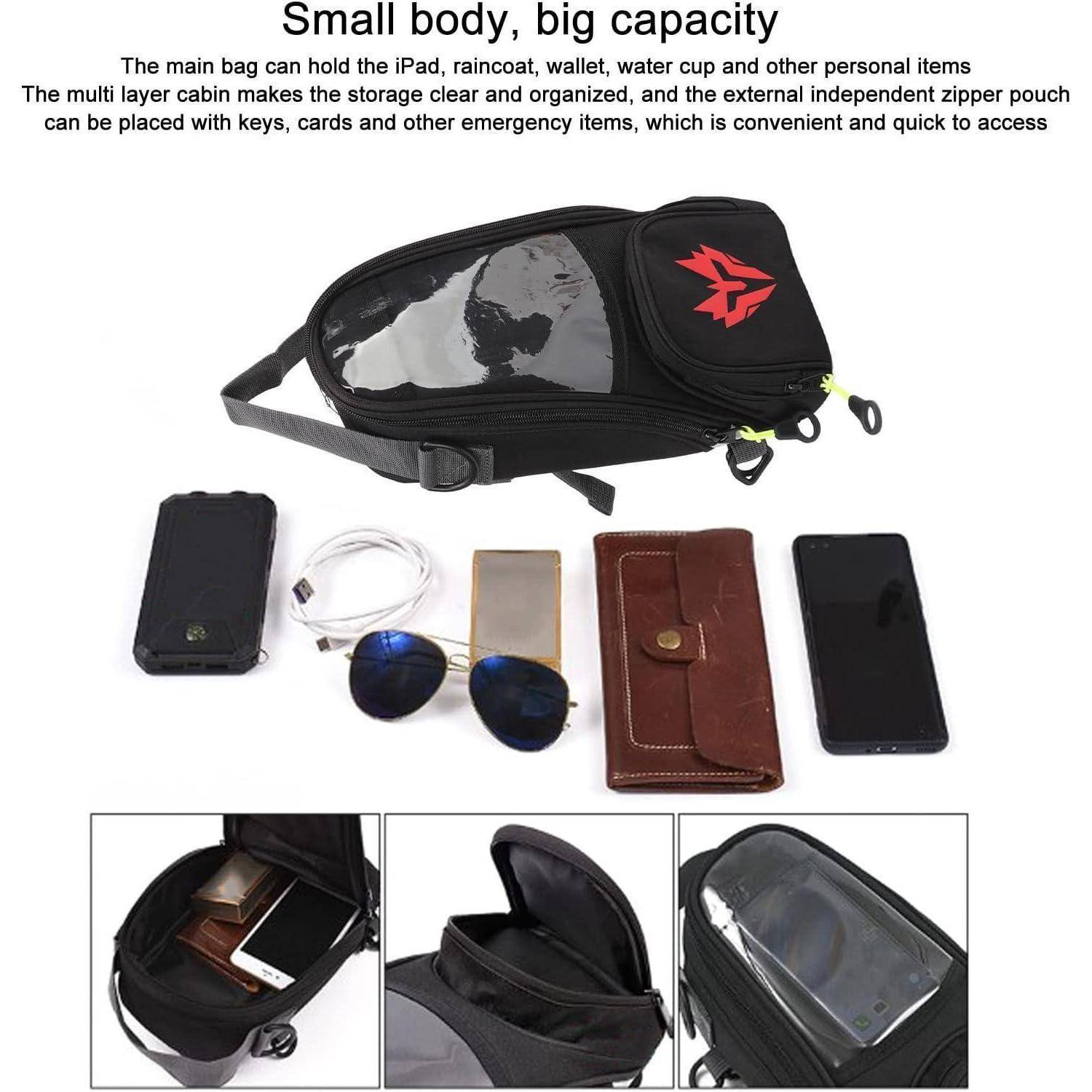 Produktbild einer schwarzen Hüfttasche mit der Aufschrift „Kleiner Körper, große Kapazität", die zeigt, dass sie ein Telefon, Ladegerät, Geldbörse, Sonnenbrille und andere kleine Gegenstände aufnehmen kann, mit Nahaufnahmen der Fächer.